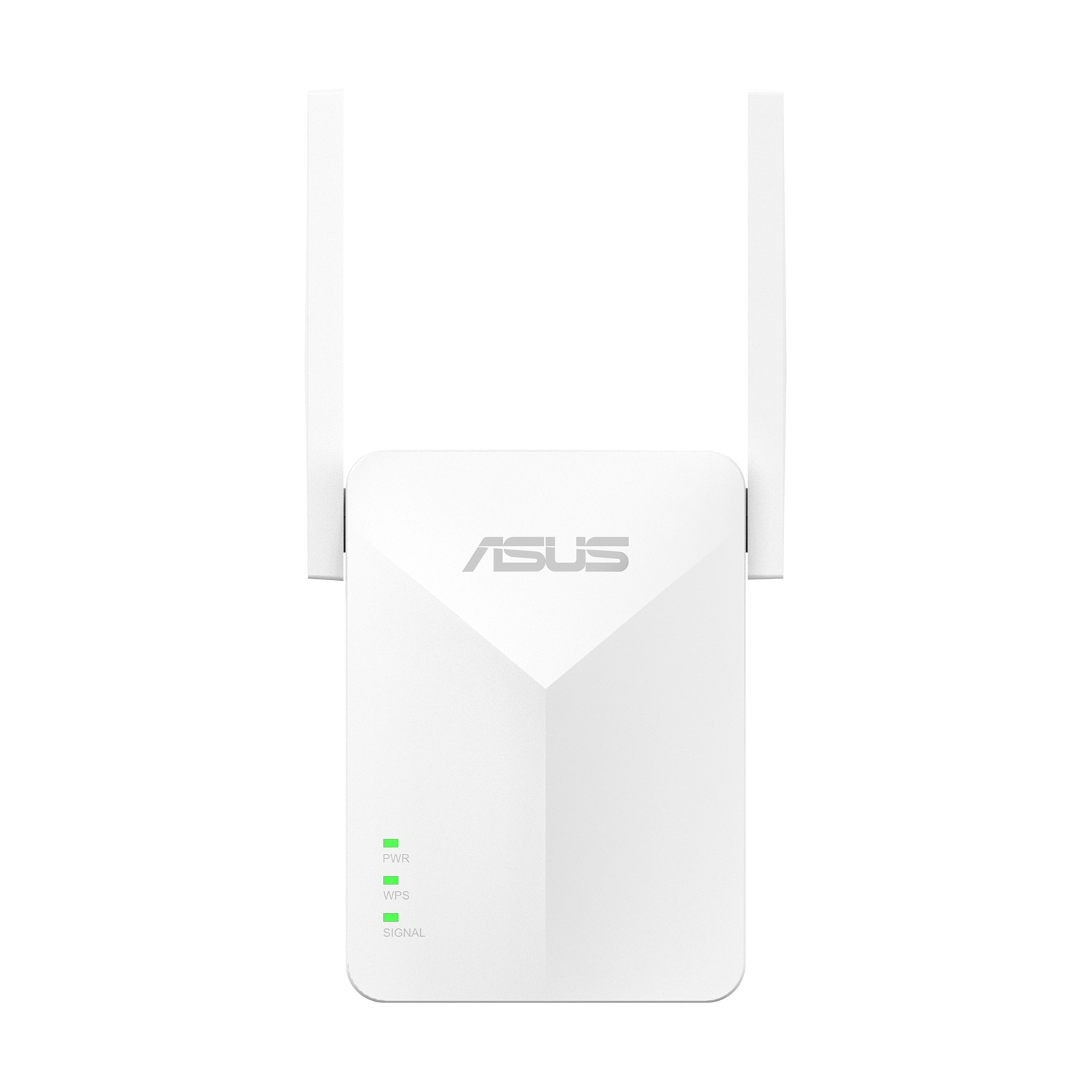 Ripetitore Wi-Fi ASUS bianco con due antenne e spie verdi per Alimentazione, WPS e Segnale.
