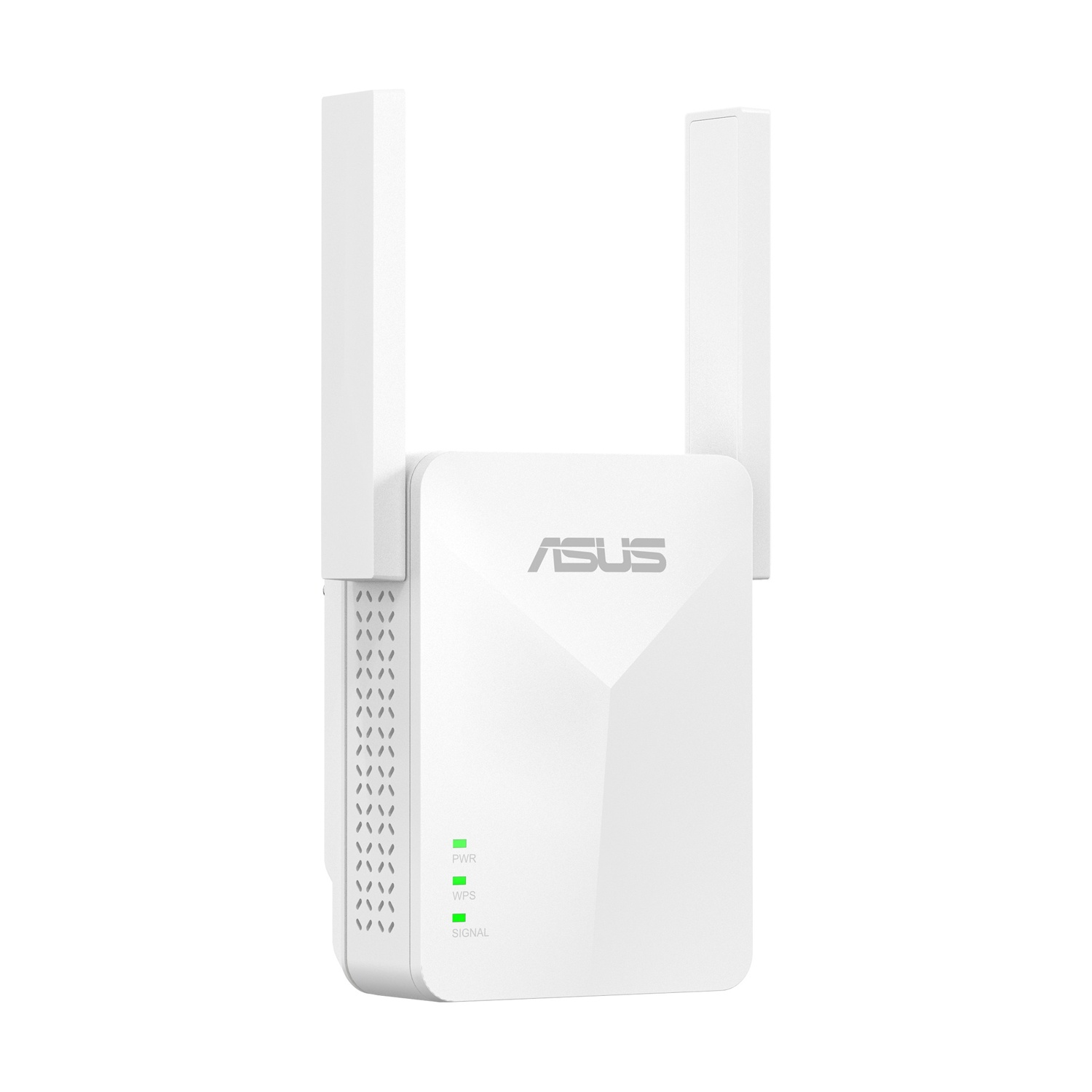 Un ripetitore WiFi ASUS bianco con due antenne e luci LED verdi.