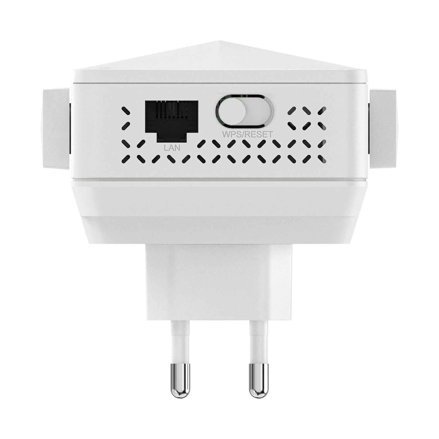 Un ripetitore Wi-Fi bianco con porta LAN e pulsante WPS/Reset.