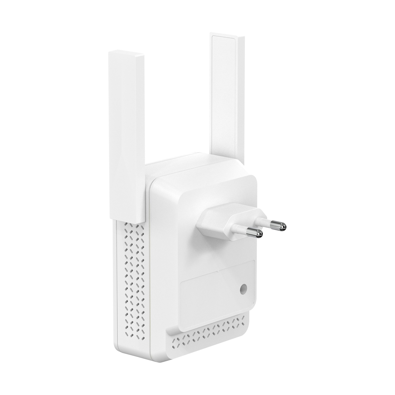 Un ripetitore WiFi bianco con due antenne e spina europea.