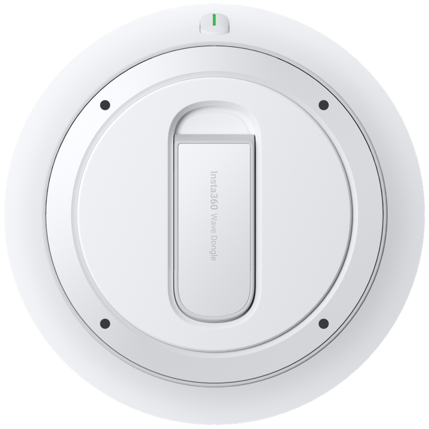White round Insta360 Wave Dongle base with a vertical green light at the top.