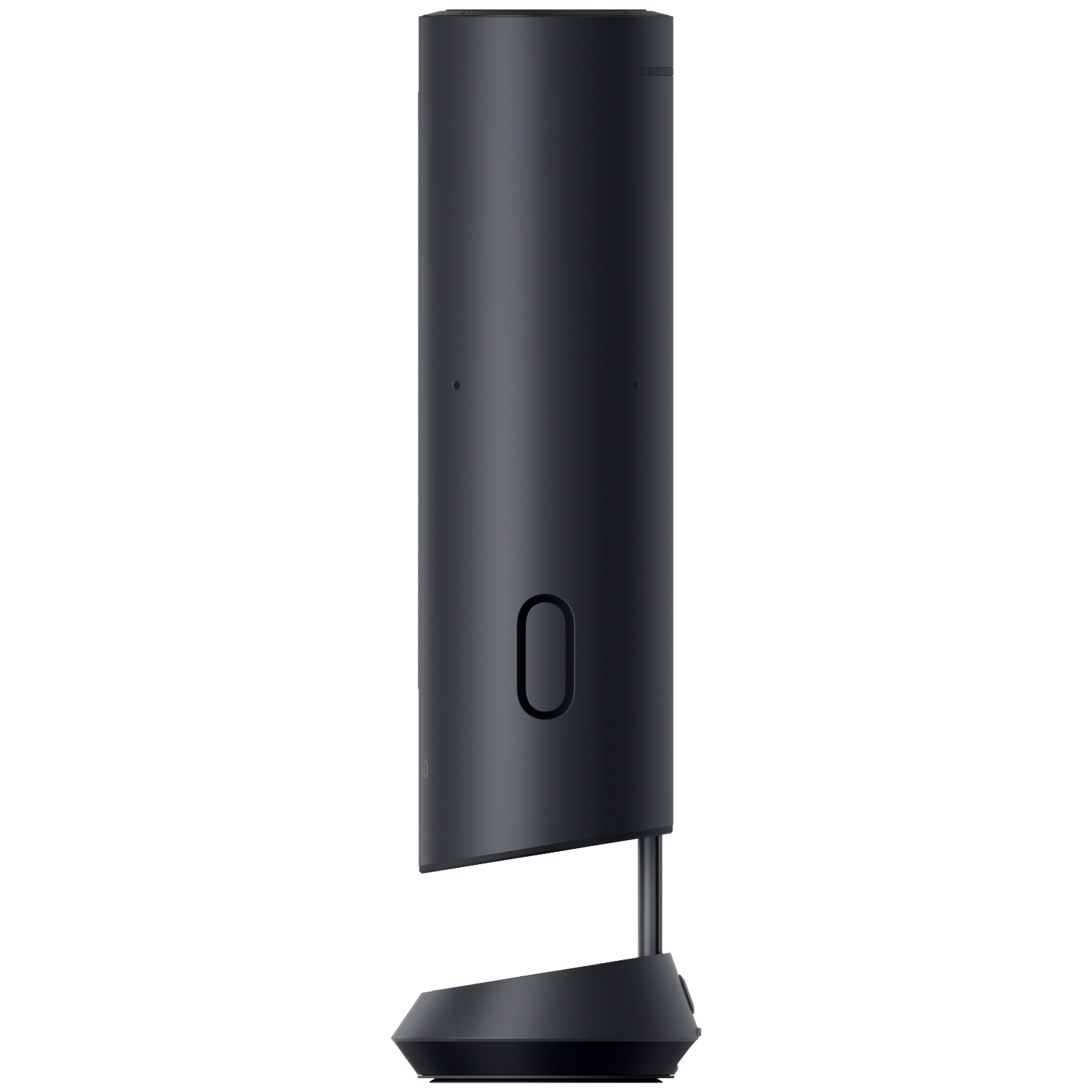 A black, cylindrical speaker with an oval button and a base.