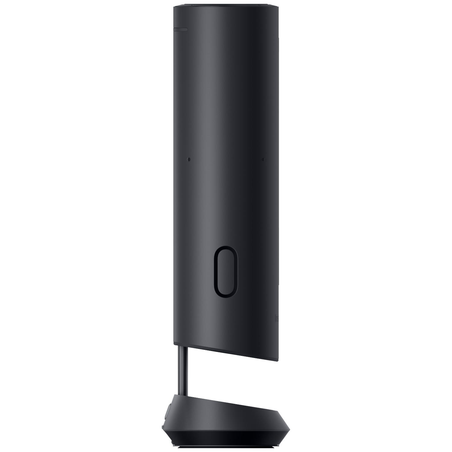 Black cylindrical speaker with an oval indentation on a base.