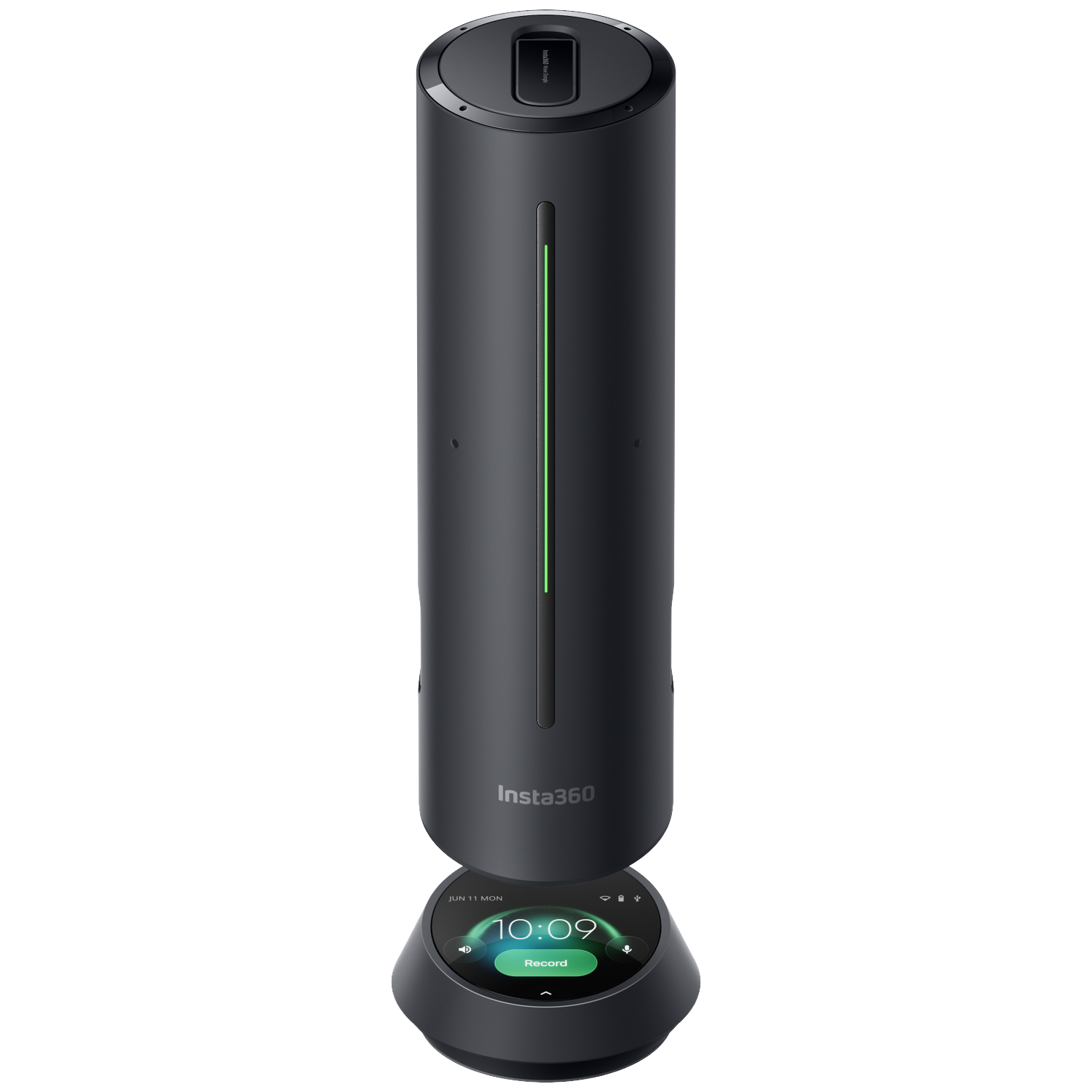 A dark Insta360 camera cylinder with a touchscreen stand.