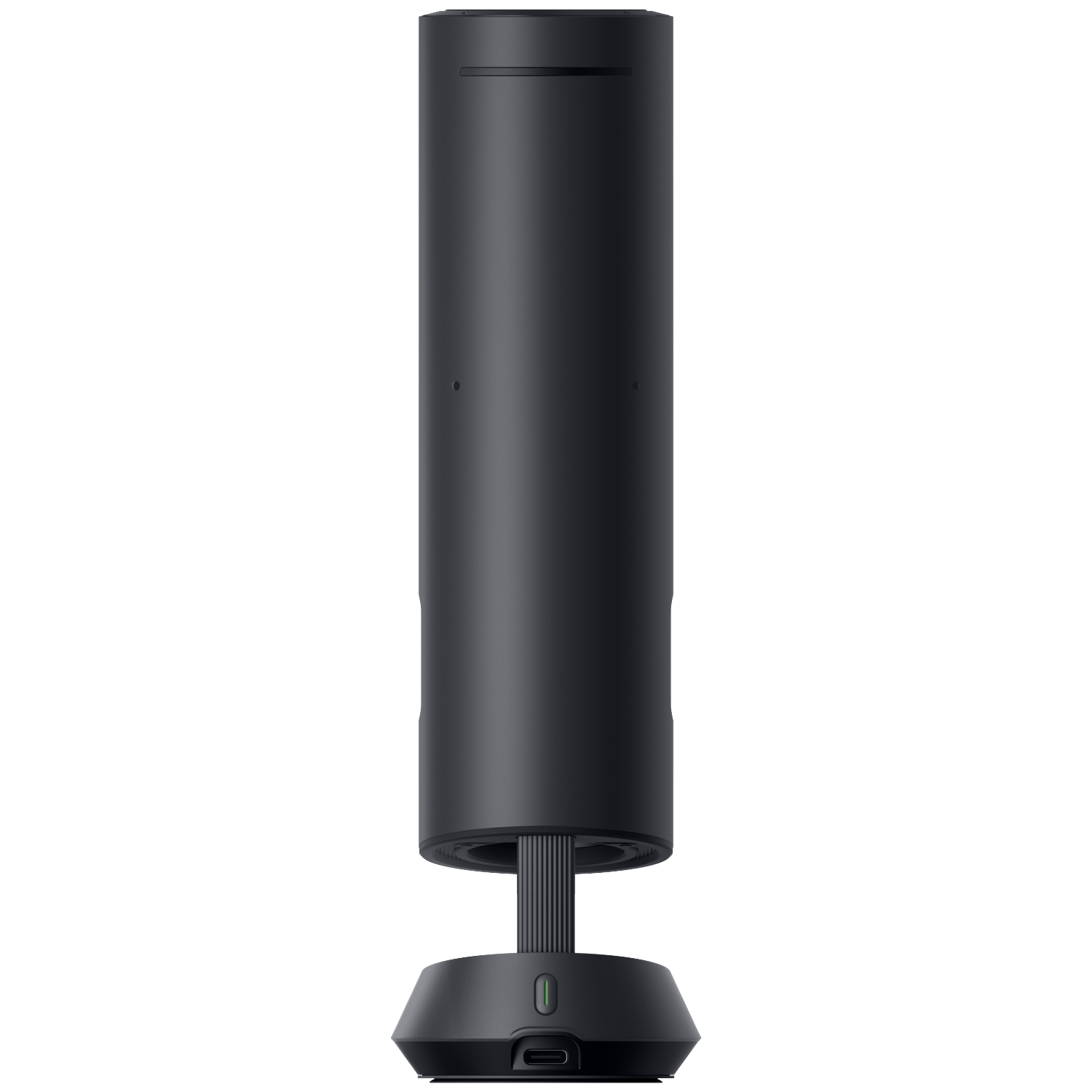 A black cylindrical device with a ribbed base sits on a flat base with a USB-C port.