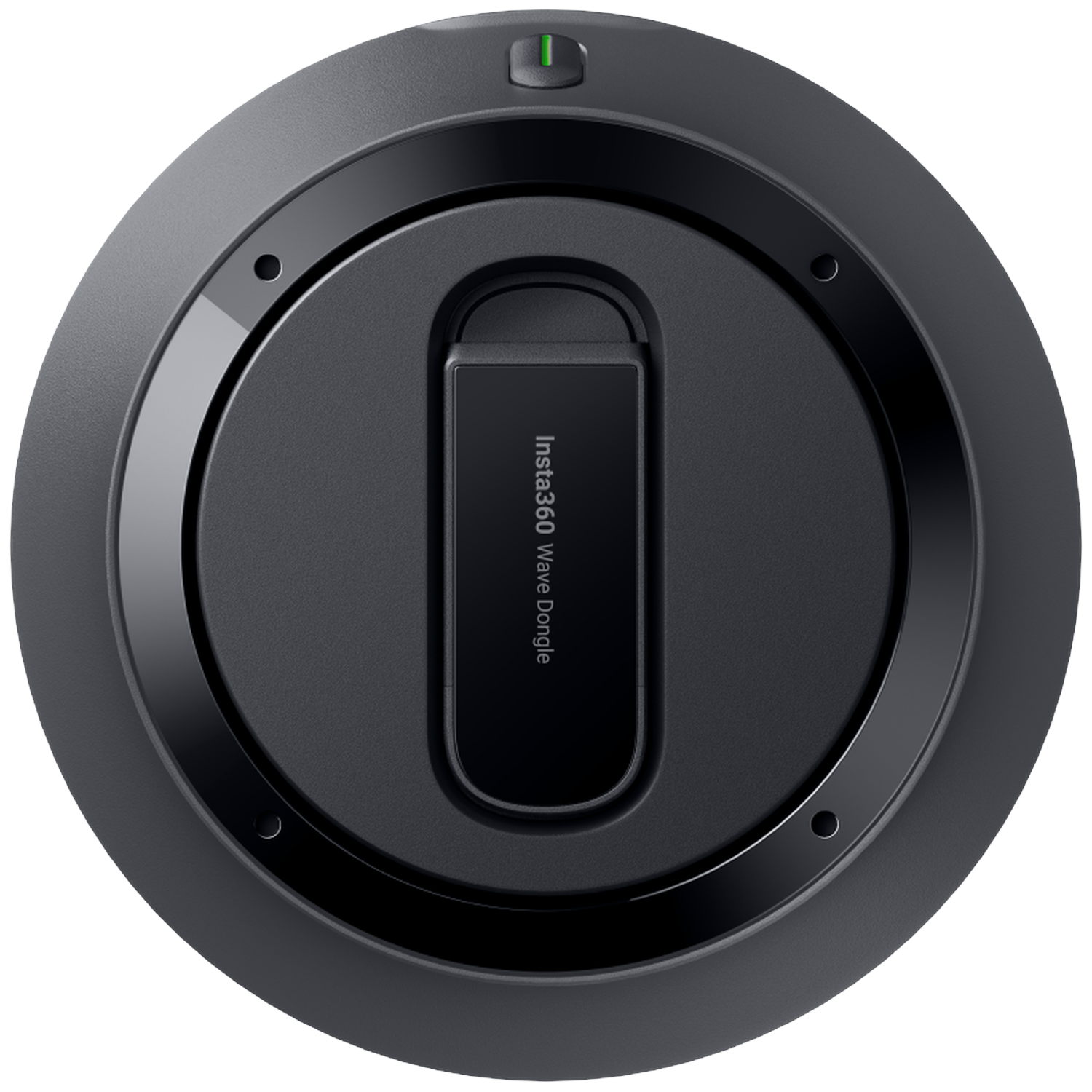A black round dongle with a green LED on top and text Insta360 Wave Dongle.
