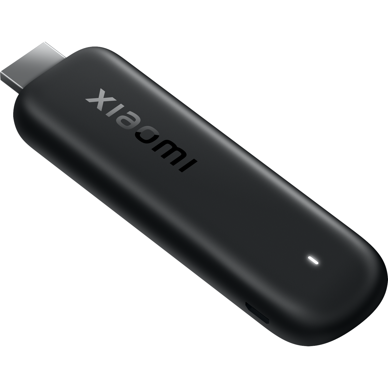 Zwarte, langwerpige Xiaomi-dongle met HDMI-connector en oplichtende indicator.