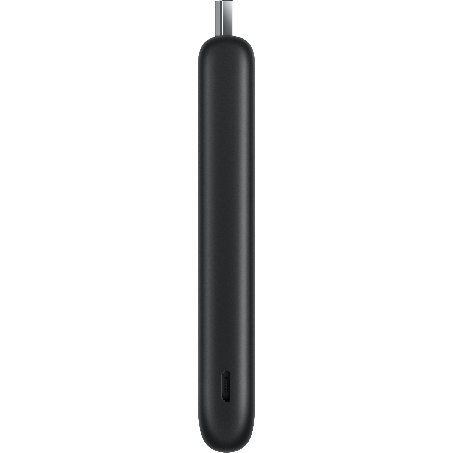 Een zwarte, langwerpige USB-stick met een zilveren connector bovenaan.