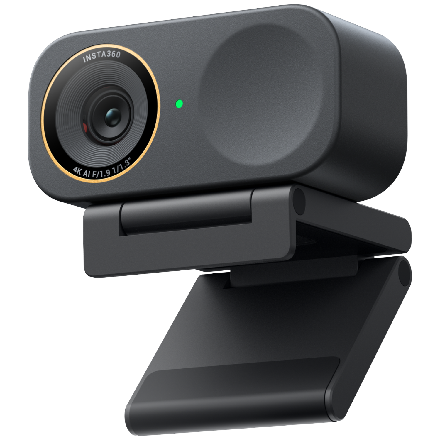 Een zwarte Insta360 webcam met een gouden ring rond de lens en een groen indicatielampje.