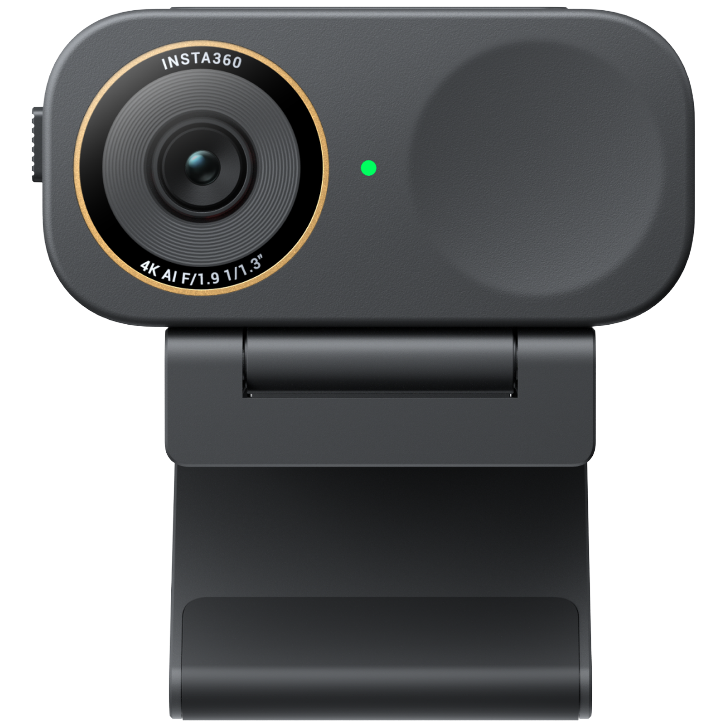 Grijze Insta360 webcam met gouden ring en groen LED-lampje.