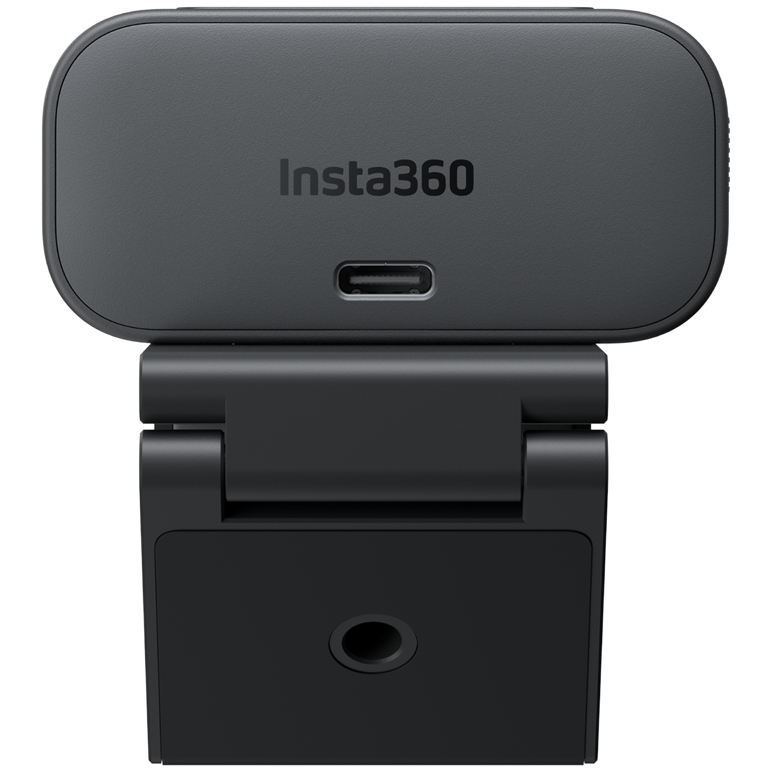 Zwarte camera met Insta360 logo en USB-C poort, op een zwarte standaard.