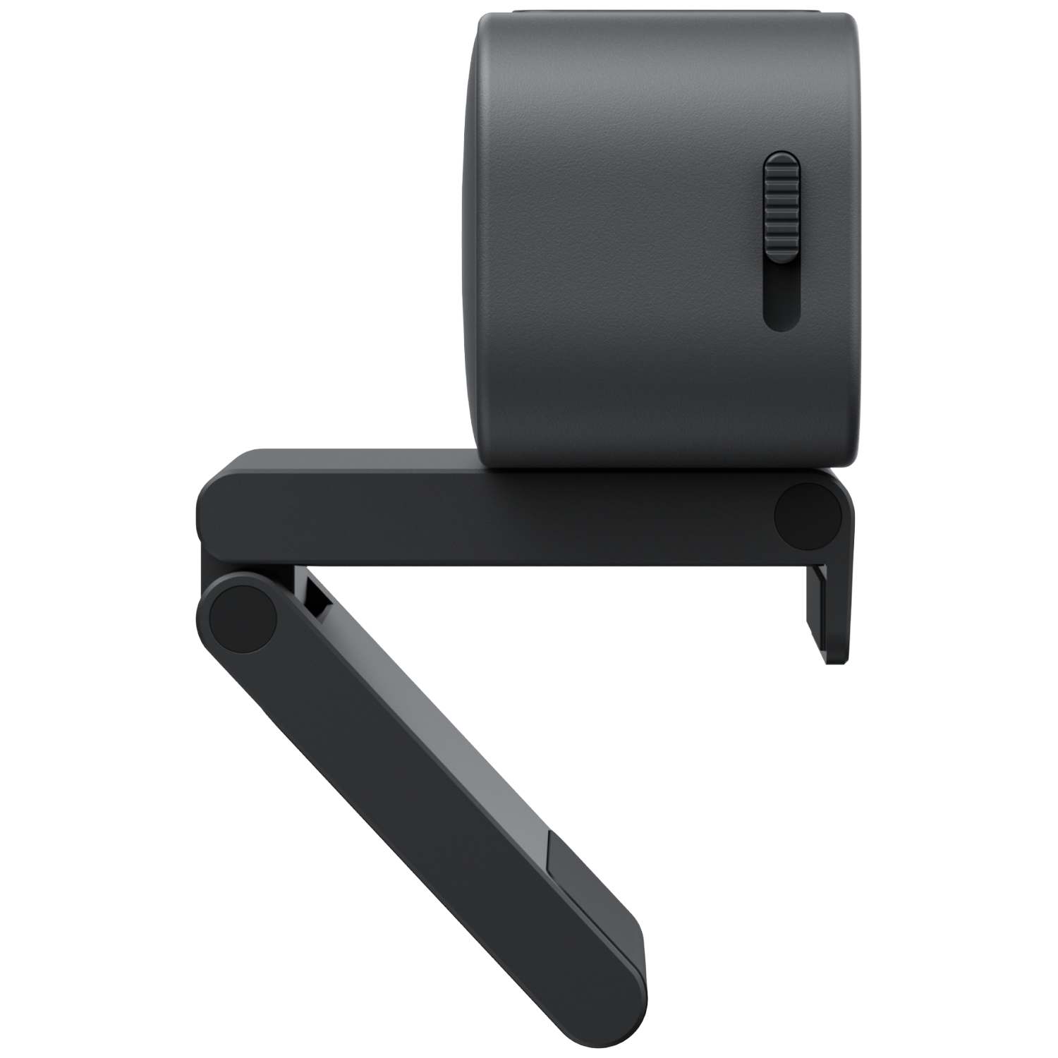 Grijze webcam met verstelbare arm op witte achtergrond.