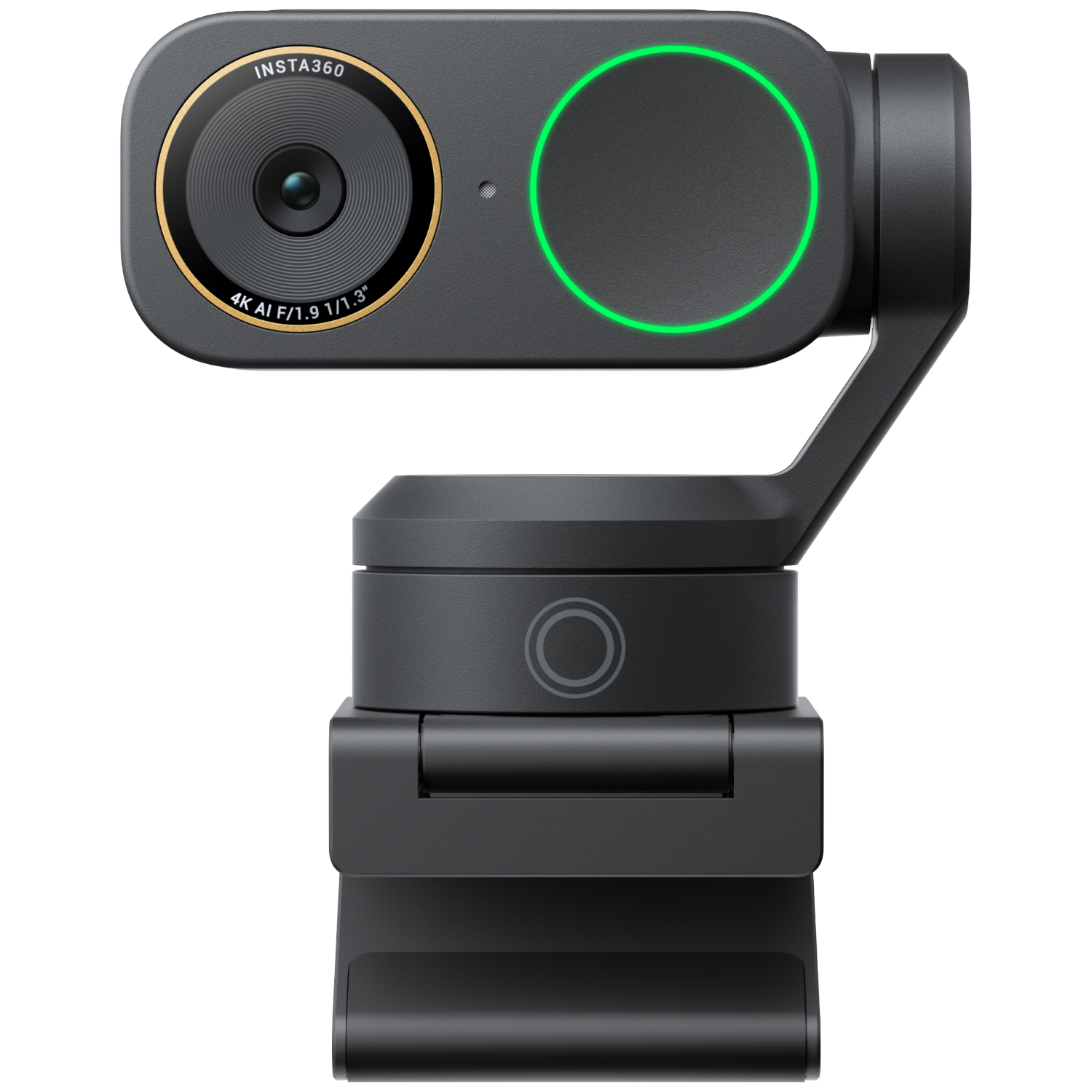 Grijze gimbal met Insta360-camera en groene cirkel op zwarte achtergrond.