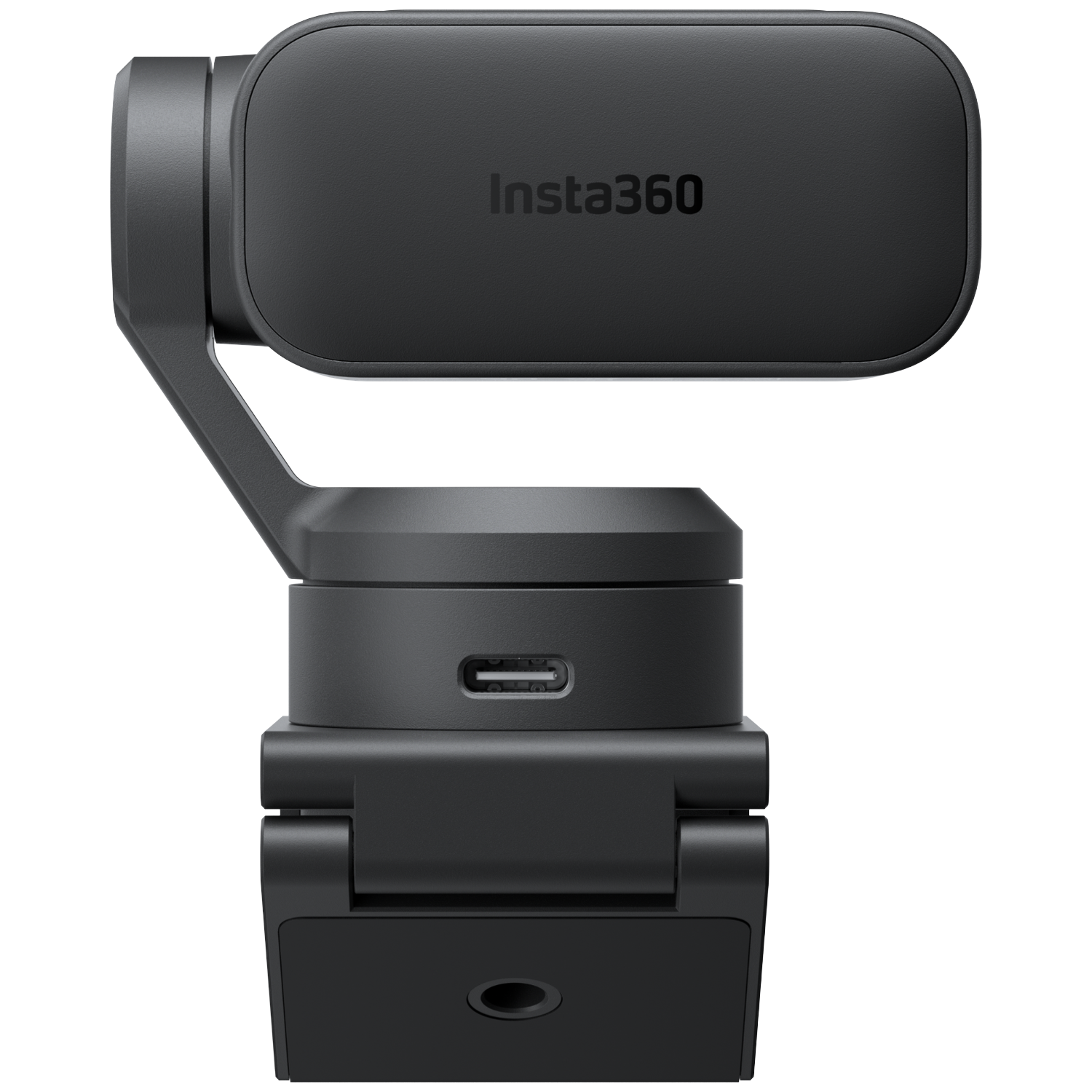 Zwarte gimbal met Insta360-logo, voorzien van een USB-C-poort.