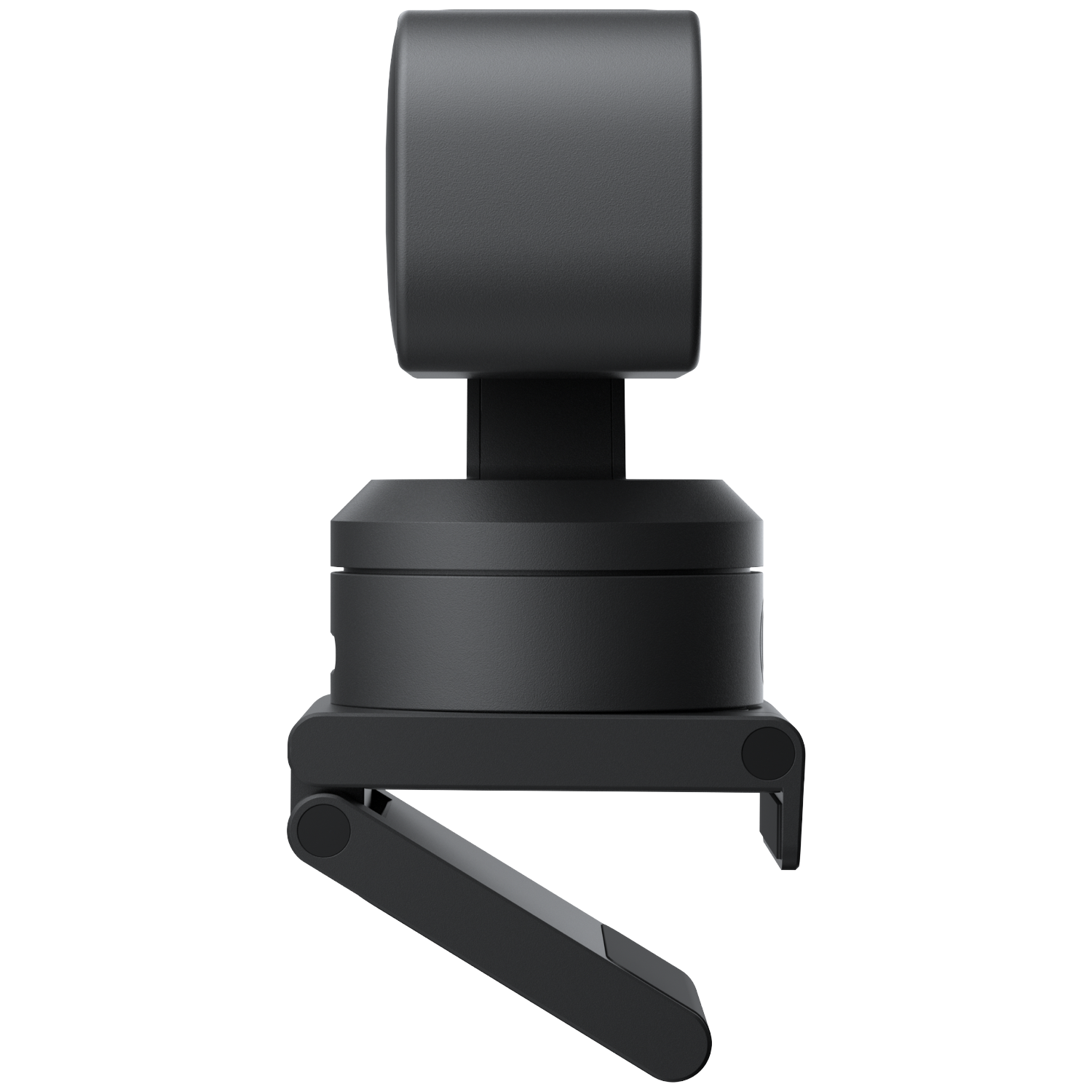 Een zwarte webcam met scharnierende arm op zwarte achtergrond.