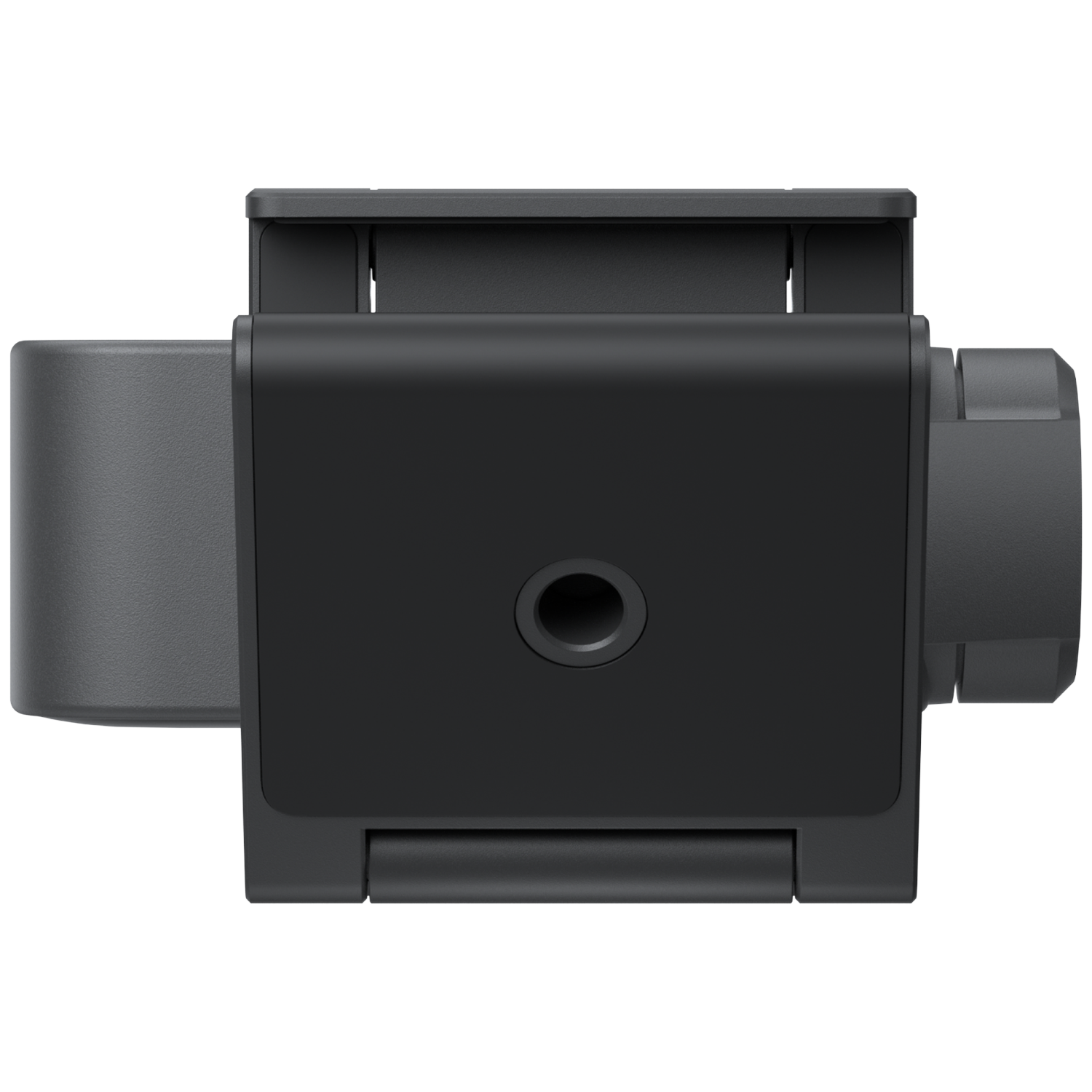 Donkergrijs camera-accessoire met ronde knop en rechthoekige poort.
