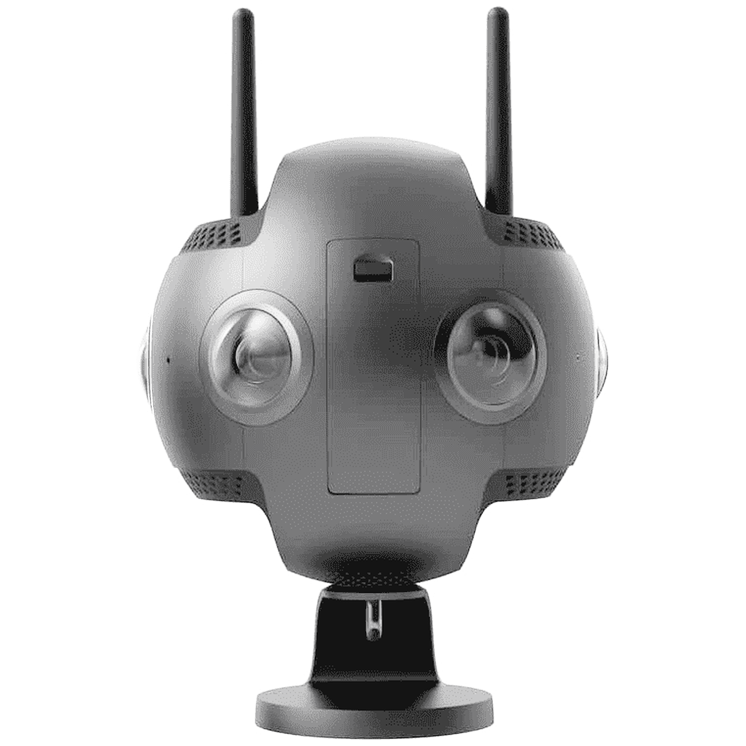 Een zwarte 360-graden camerahoofd met twee antennes en lenzen.