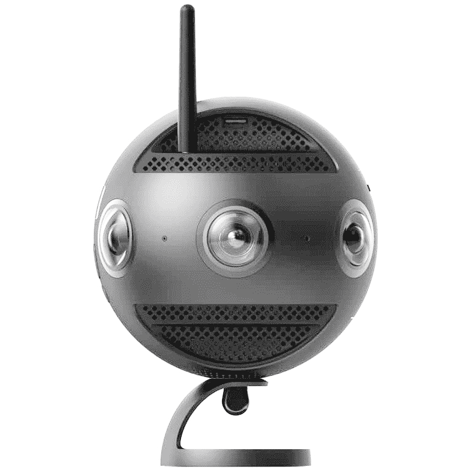 Zwarte 360-graden camera met meerdere lenzen en antenne op een standaard.