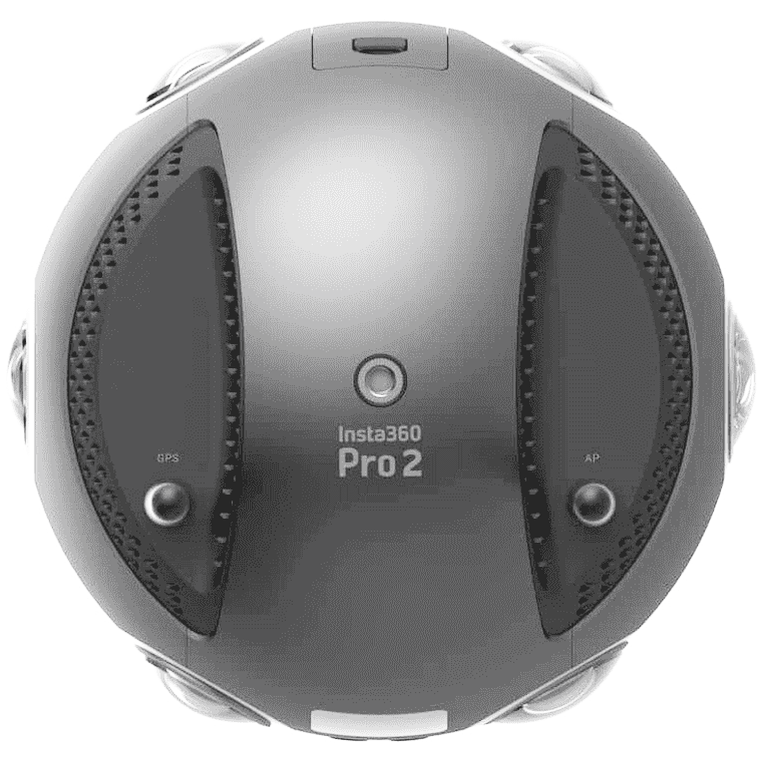 Een donkere, bolvormige Insta360 Pro 2 camera met lenzen en knoppen.