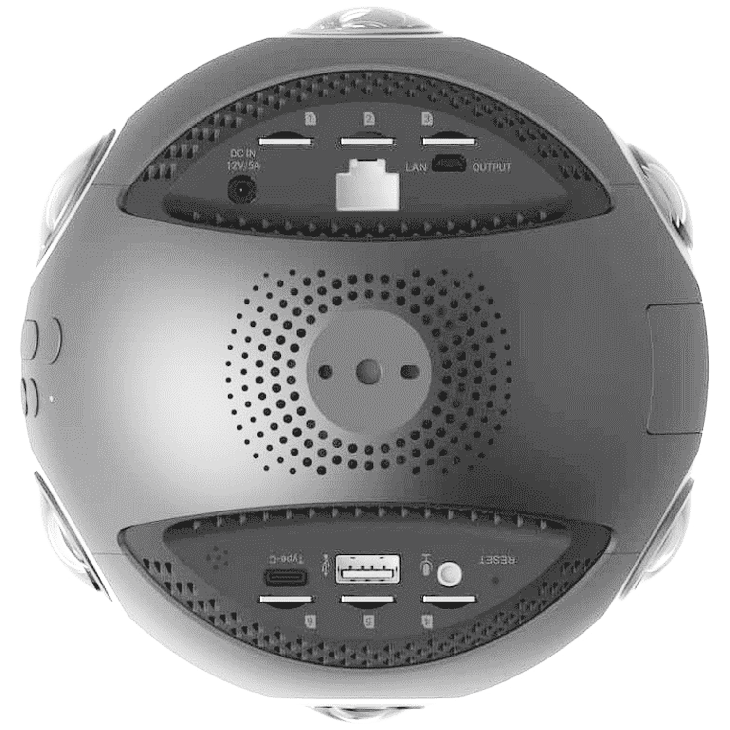 Zwart sferisch apparaat met poorten: DC IN, LAN, OUTPUT, TYPE-C, USB, RESET.