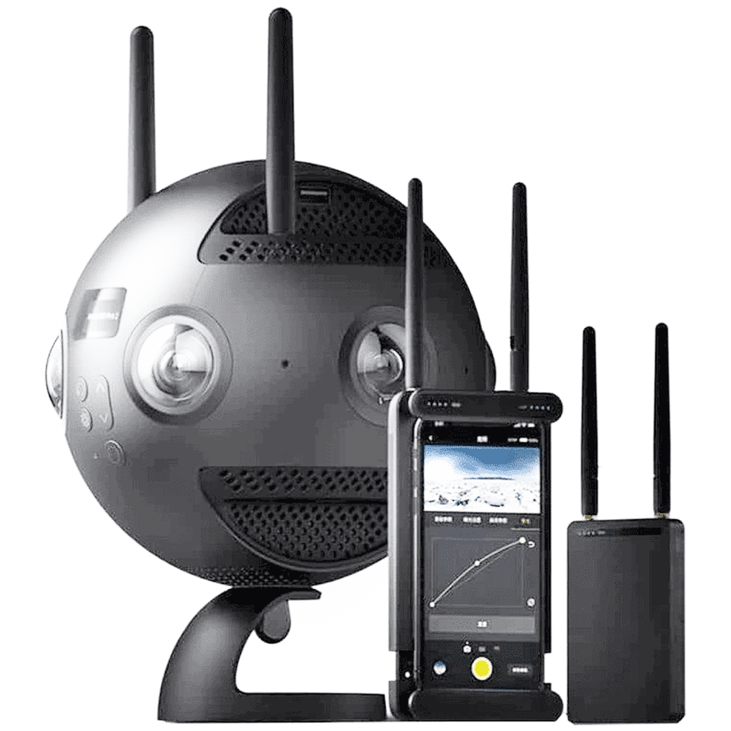 Een zwart sferisch apparaat met antennes naast een smartphone die een scherm toont.