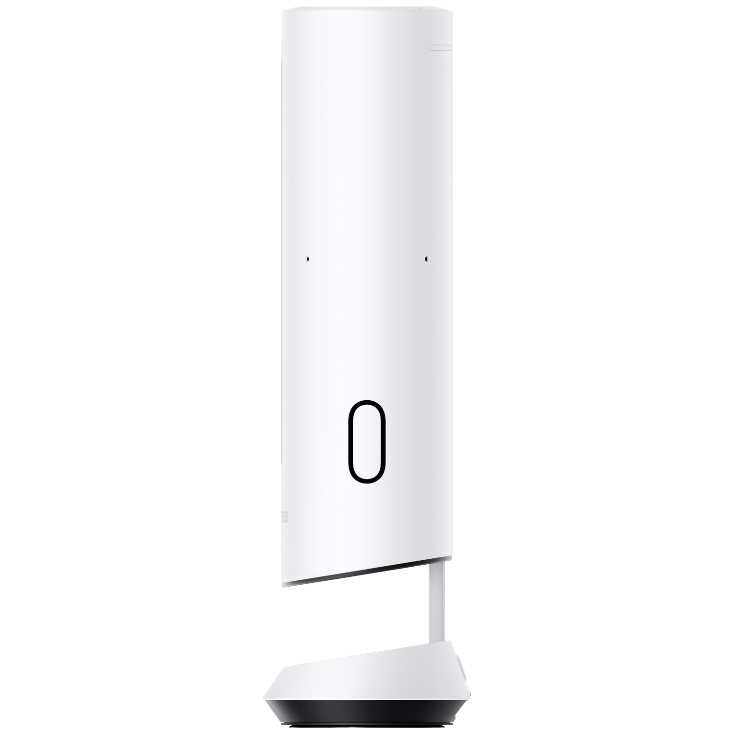 A white slender cylinder stands on a black base.