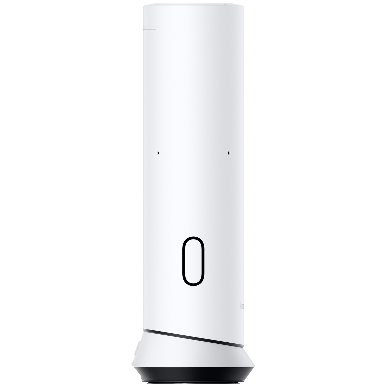 A white, cylindrical object with a black base and a black circle symbol.
