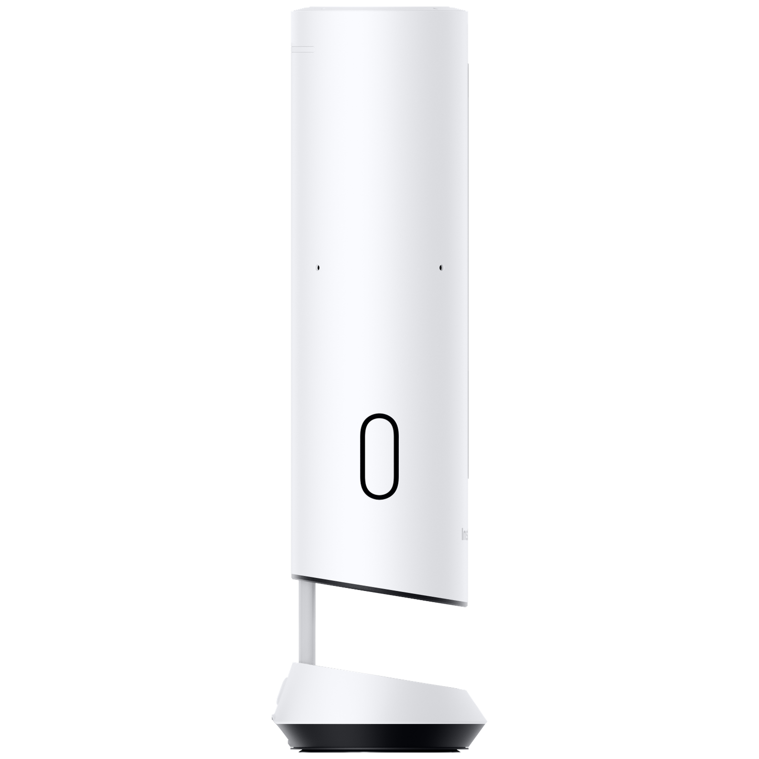 A white, slender cylinder with a black base and a large black circle.