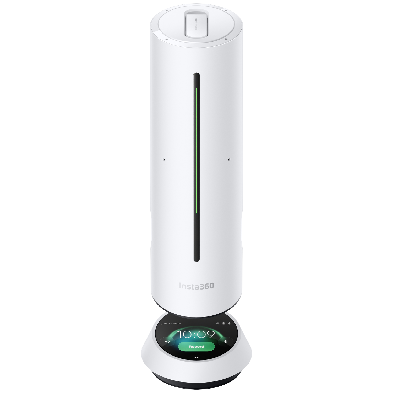 A white Insta360 camera stand with a touchscreen base displaying 10:09.