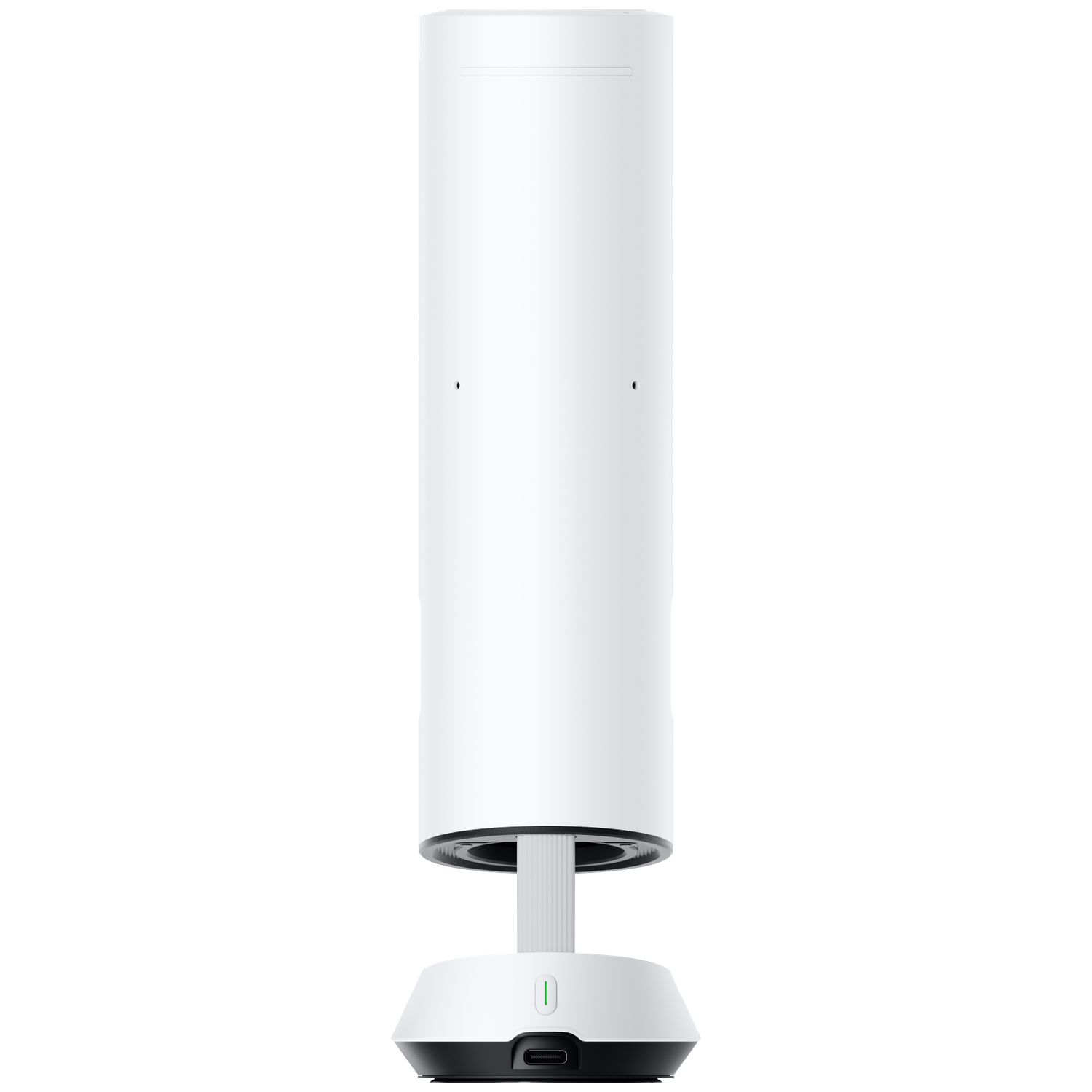 A white, cylindrical object stands on a base with a charging port.