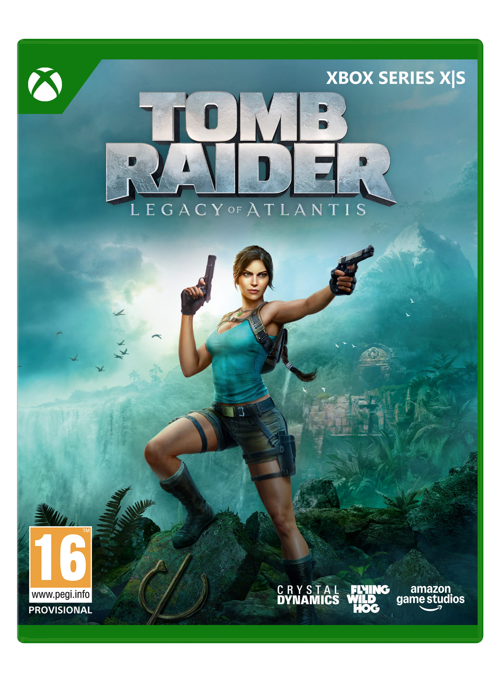 Lara Croft mit zwei Pistolen vor Wasserfall und Ruinen, Xbox-Logo.
