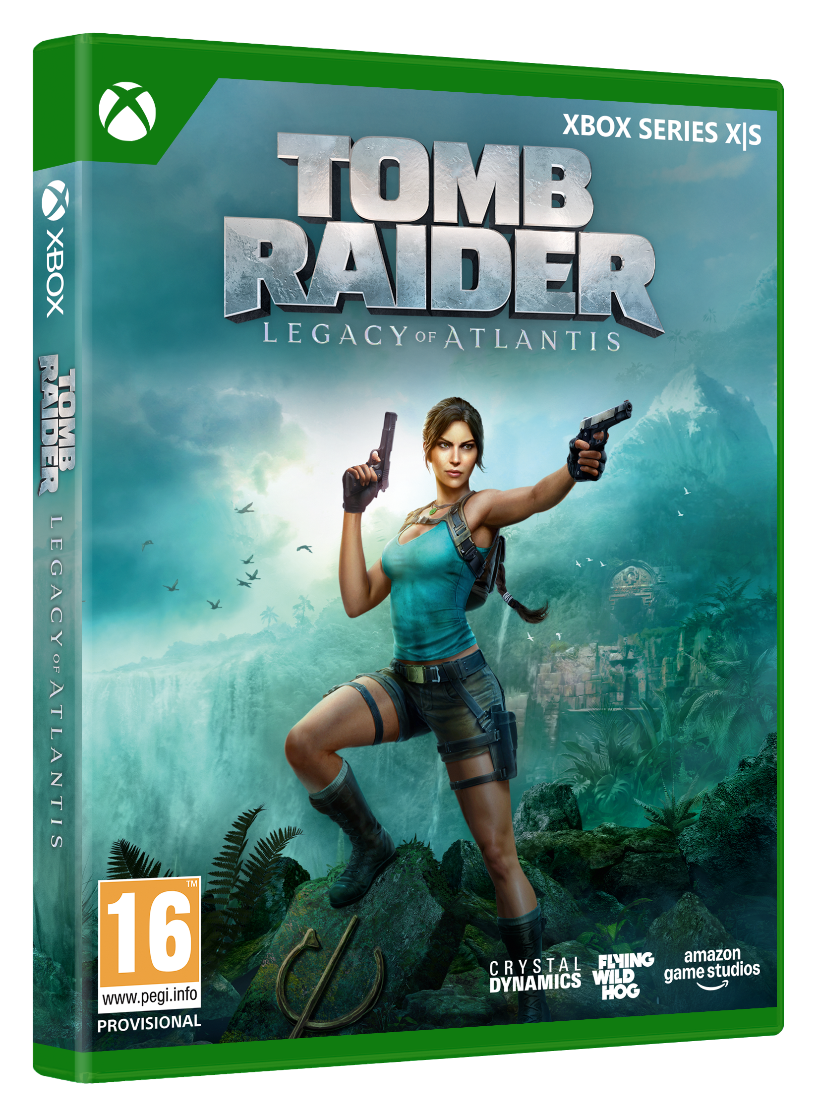 Lara Croft mit Pistolen vor einer Wasserfallkulisse, Tomb Raider Spielcover.