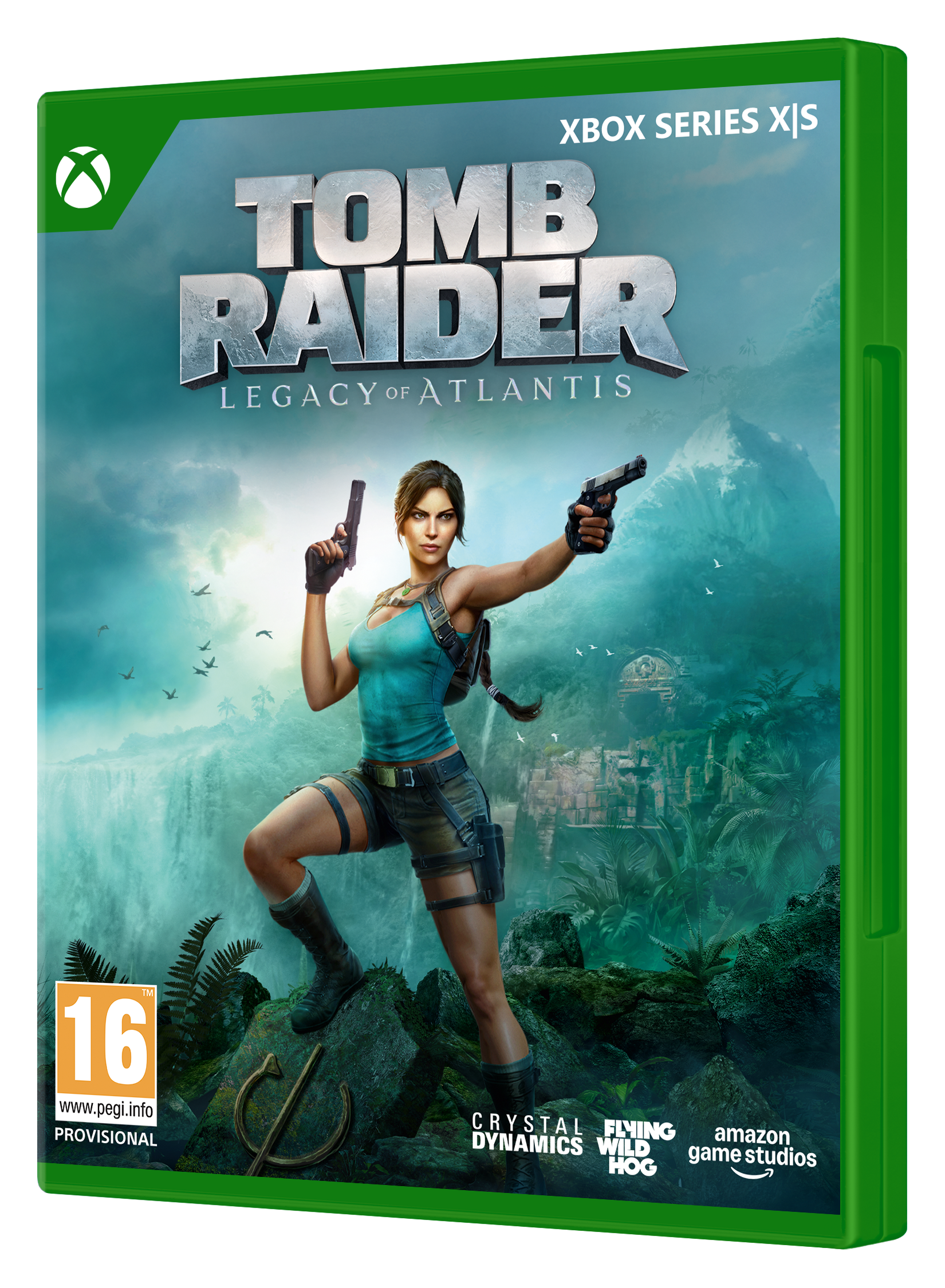 Lara Croft mit zwei Pistolen vor einer Dschungellandschaft mit Wasserfall.