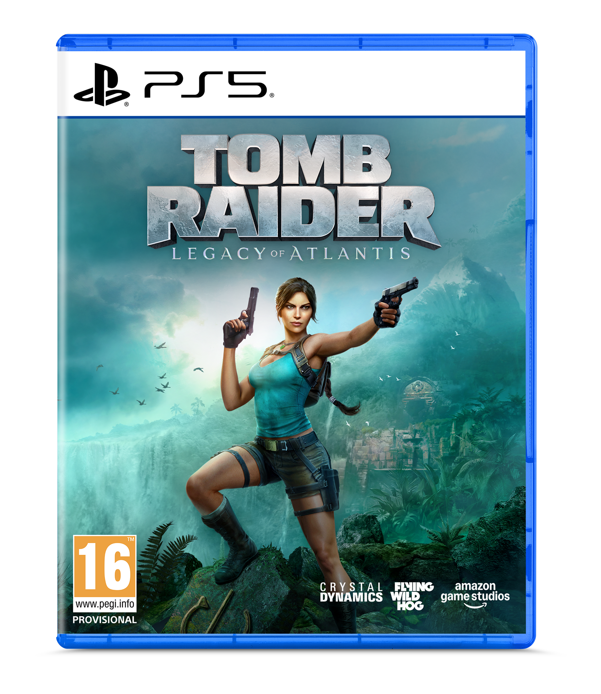 Lara Croft mit zwei Pistolen vor einer Dschungelkulisse mit Wasserfall.
