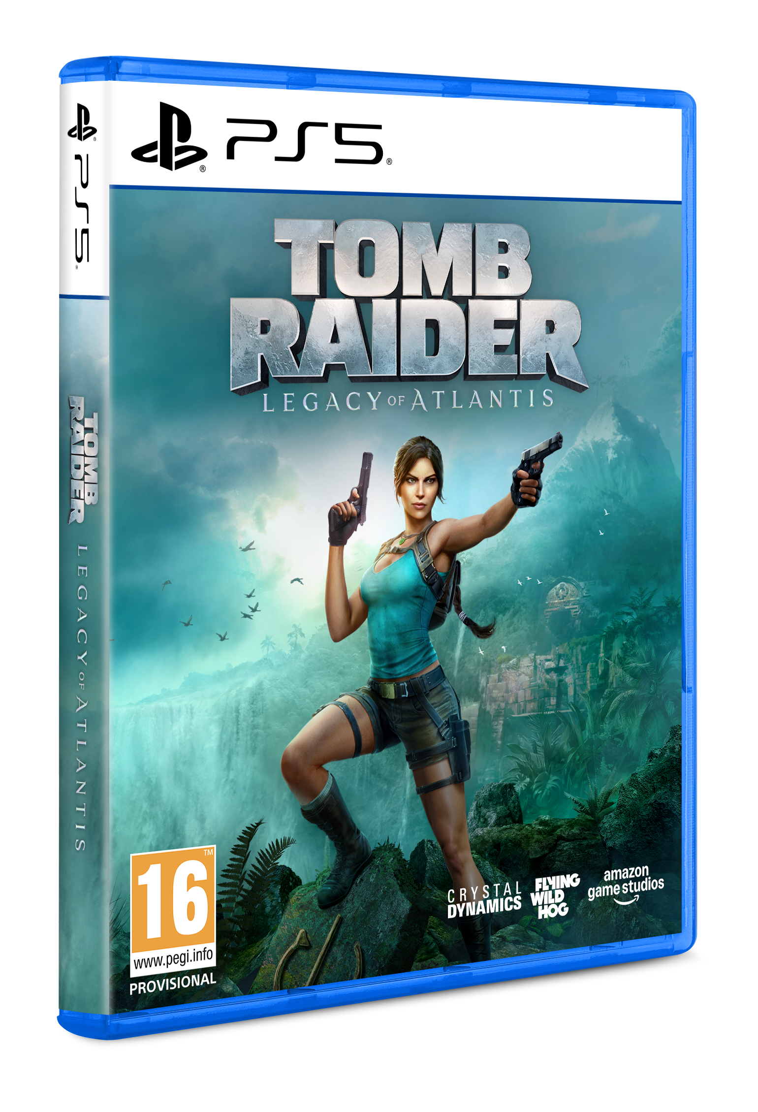 Lara Croft mit zwei Pistolen vor einer Dschungellandschaft mit Wasserfall und Ruinen.