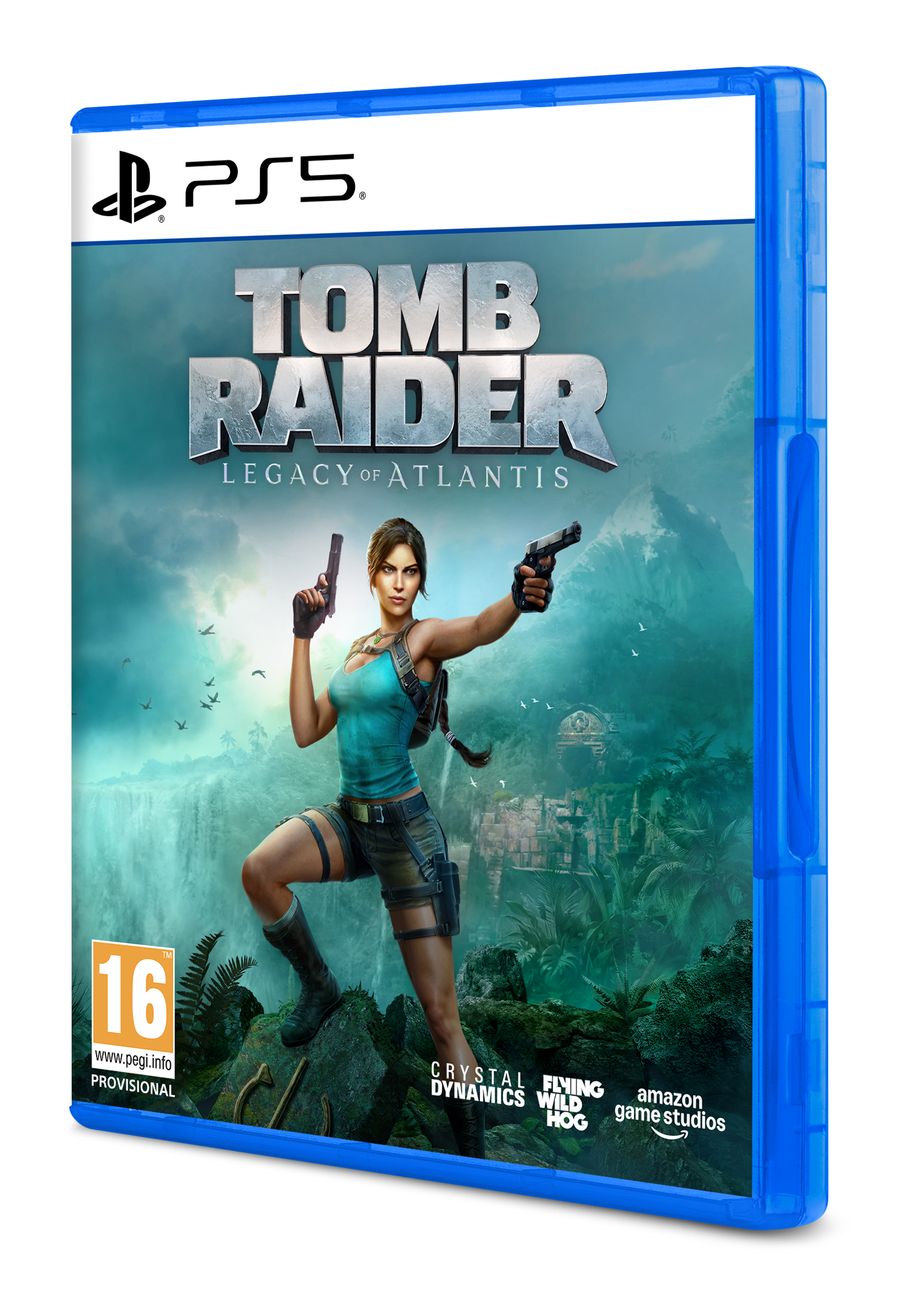 PS5 Spielhülle: Tomb Raider, Lara Croft mit zwei Pistolen vor einer Dschungellandschaft.