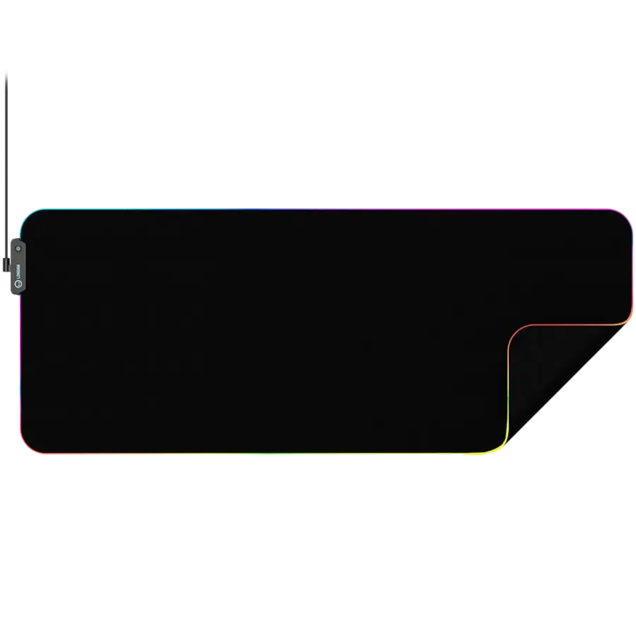 Fekete RGB egérpad színes szegéllyel és kábelcsatlakozóval.