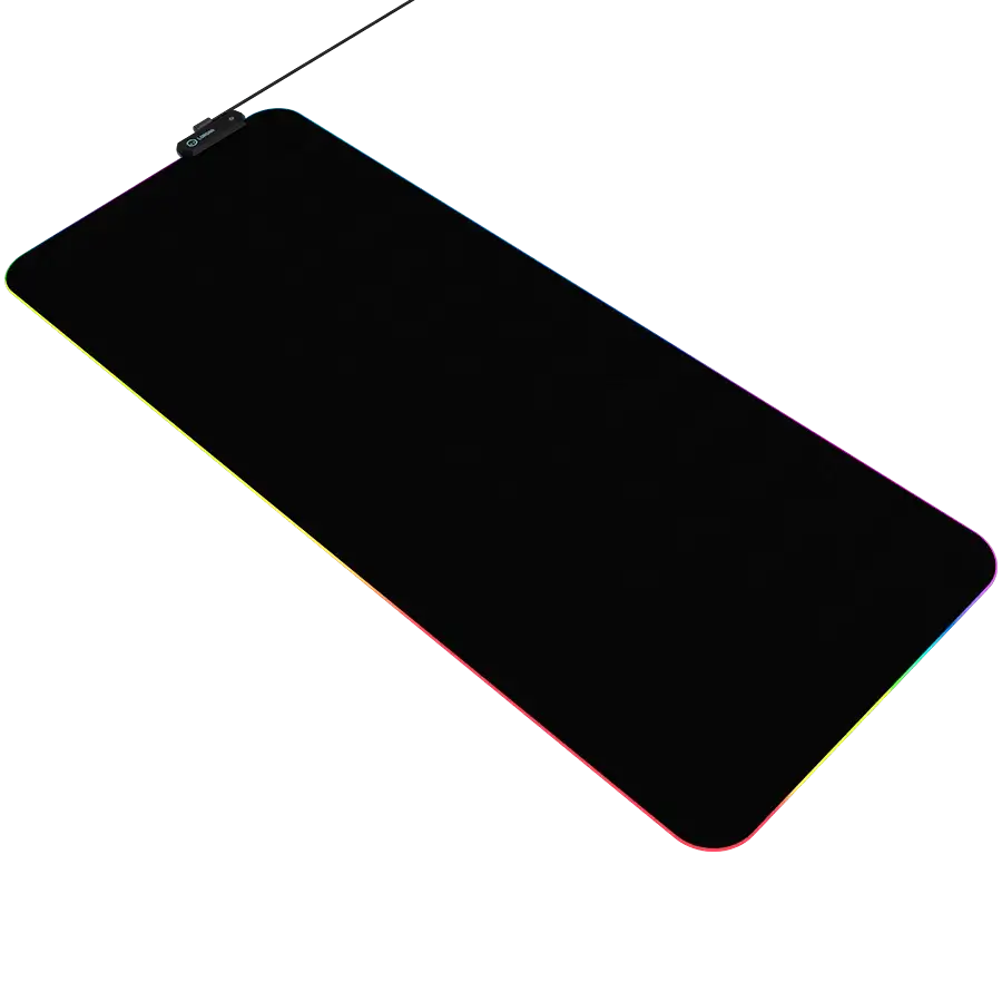 Fekete egérpad RGB világítással a szélen és egy logóval.
