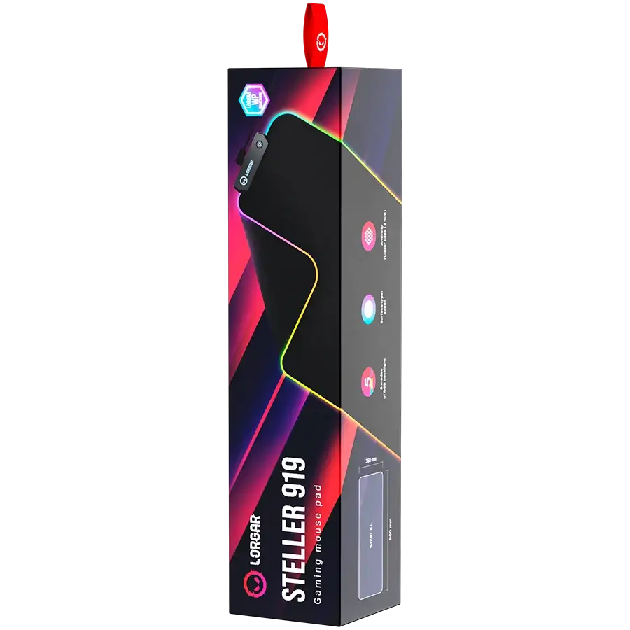 Egy Lorgar Steller 919 gamer egérpad csomagolása RGB világítással.
