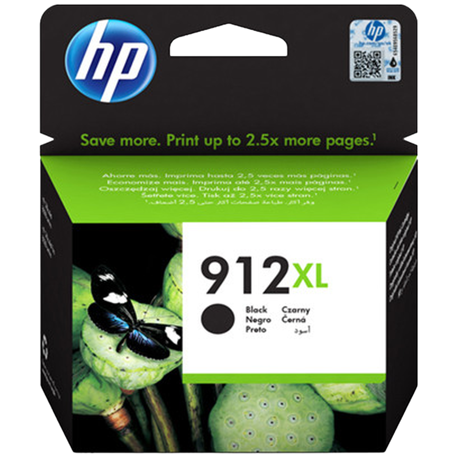 HP 912XL inktcartridge met vlinder op lotuspeulen en meertalige tekst.