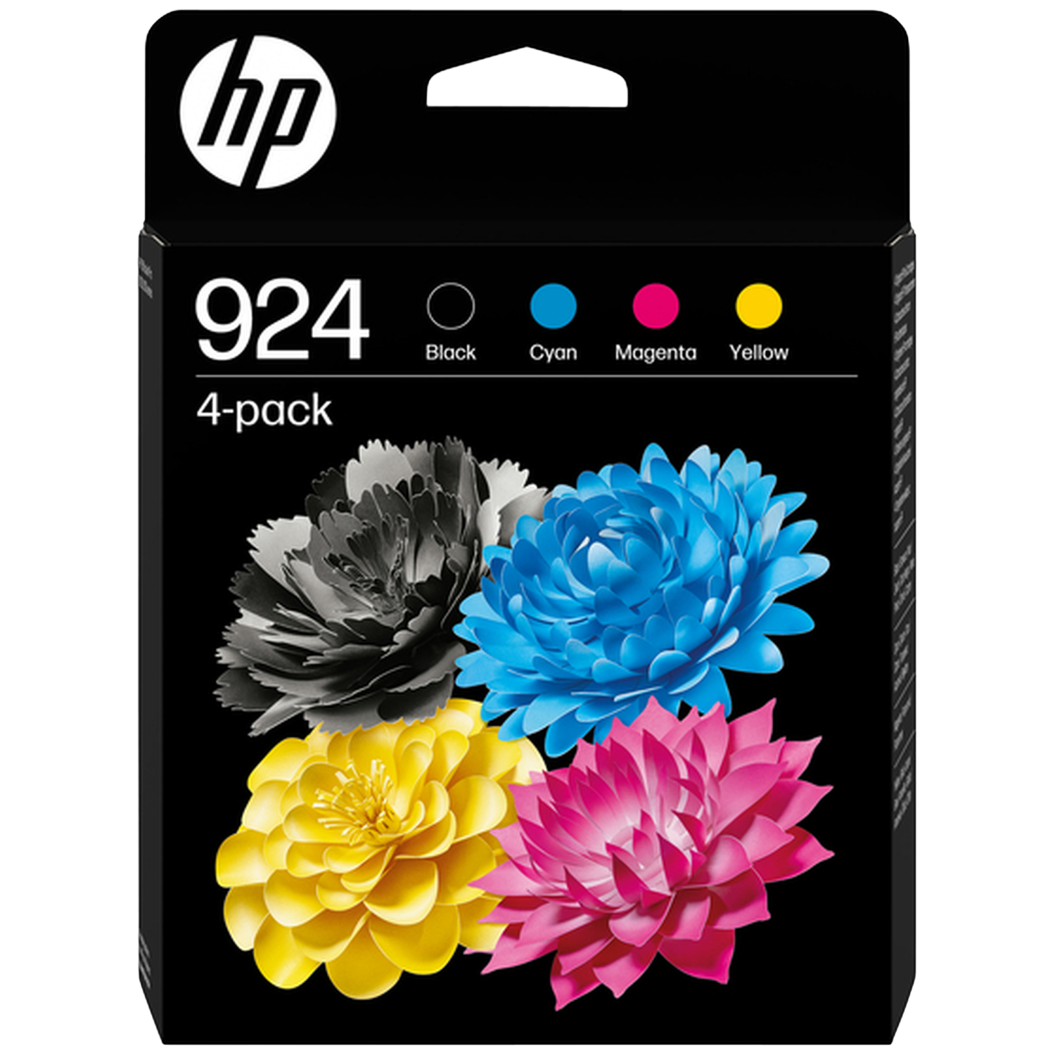 HP 924 4-pack ink cartridges with black, cyan, magenta, yellow flowers.