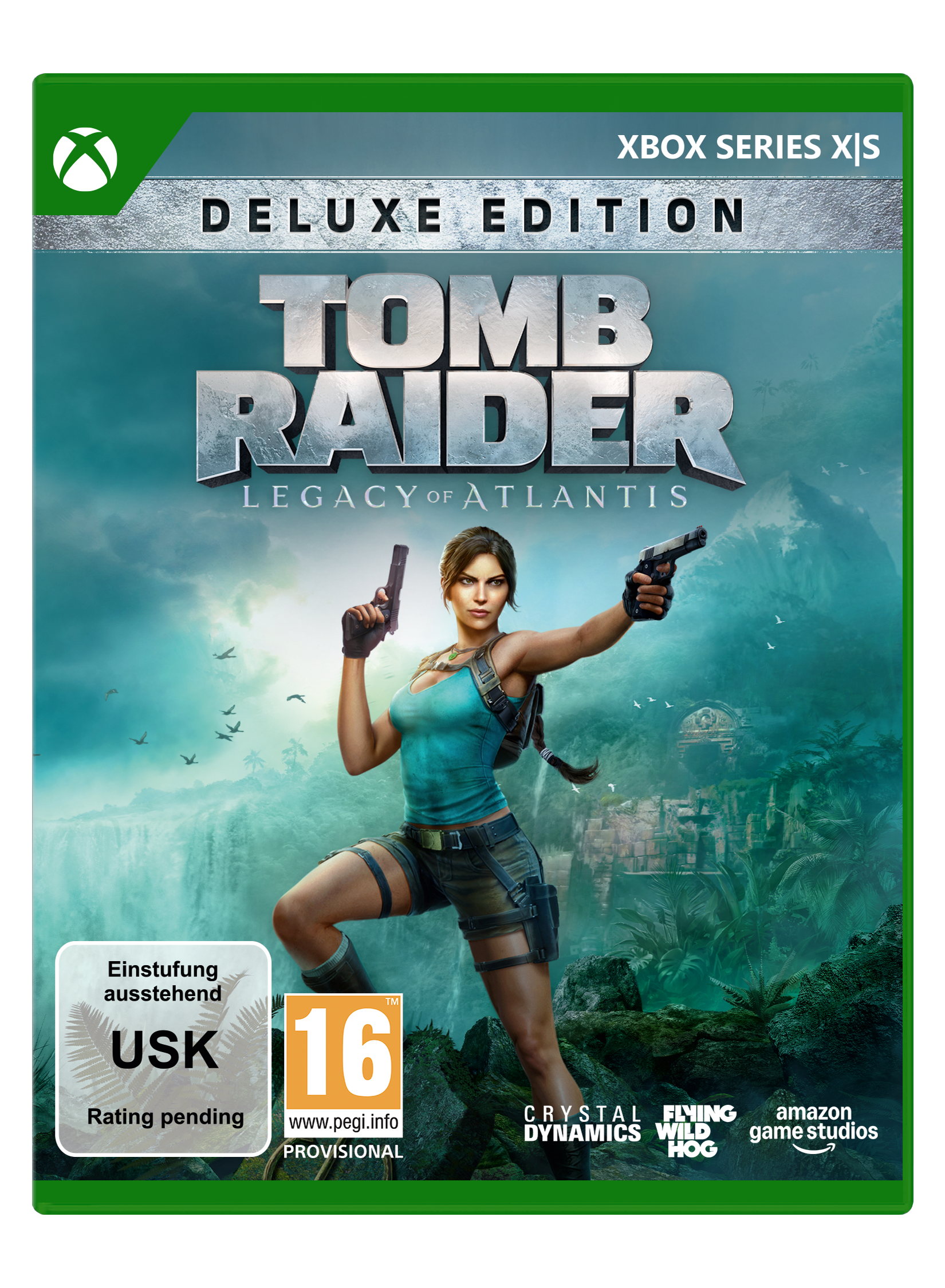 Cover von Tomb Raider mit Lara Croft, die zwei Pistolen hält, vor einer Dschungelkulisse.