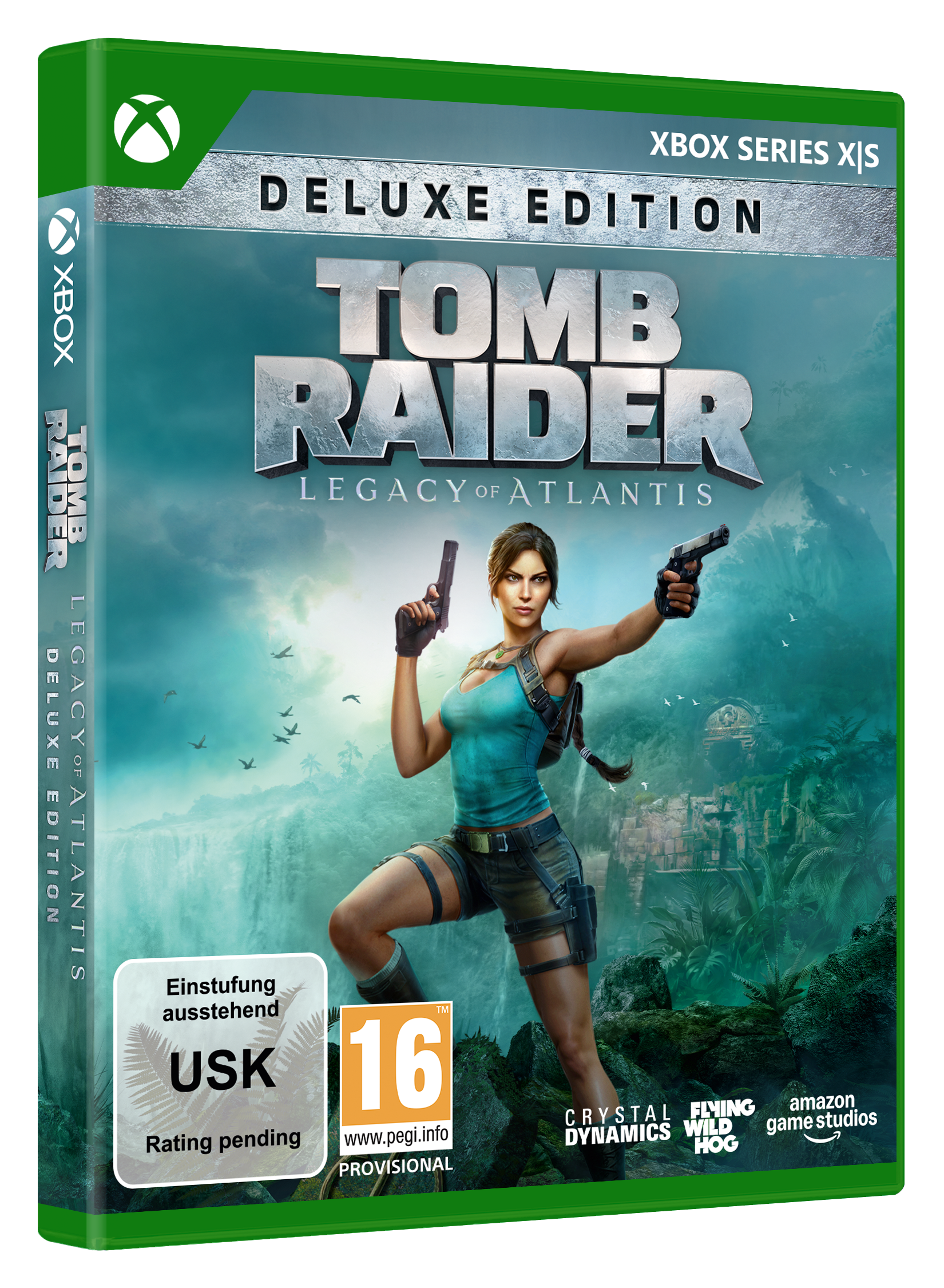 Lara Croft mit zwei Pistolen vor einer Dschungellandschaft mit Wasserfall und Ruinen.