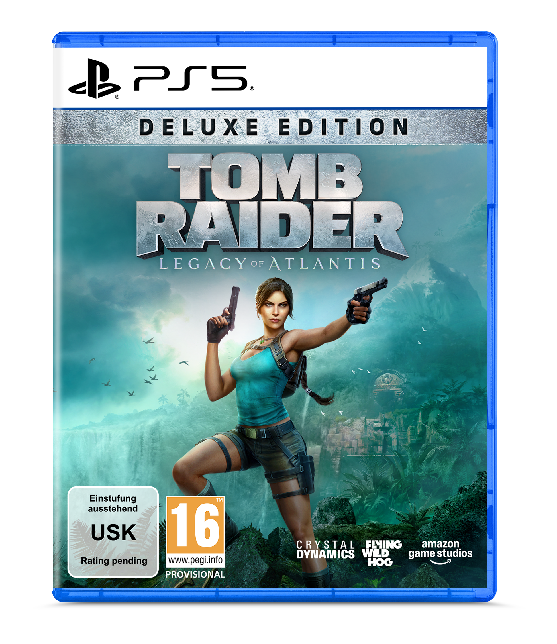 Lara Croft mit zwei Pistolen vor einer Dschungelkulisse mit Ruinen. PS5-Spielhülle.