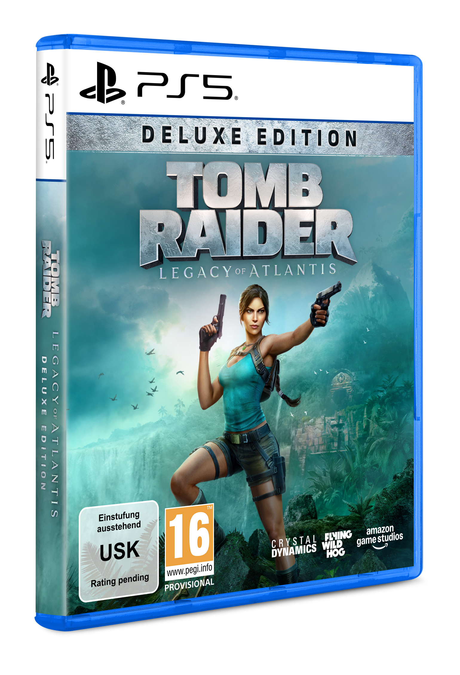 Tomb Raider Deluxe Edition PS5 Hülle mit Lara Croft, die zwei Pistolen hält.