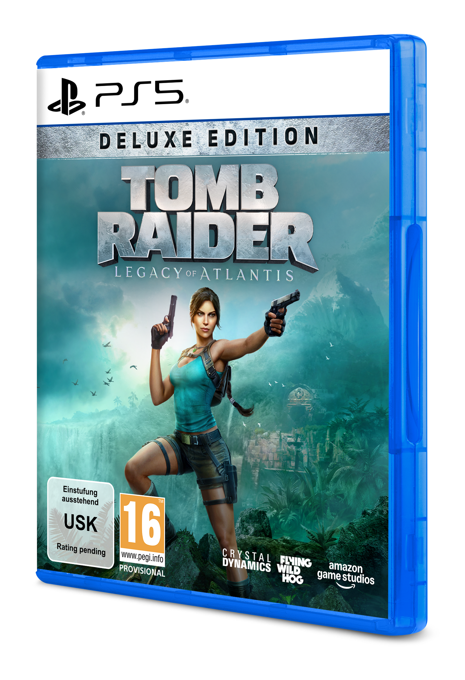 Tomb Raider PS5 Deluxe Edition Hülle mit Lara Croft, Dschungelkulisse und Wasserfall.