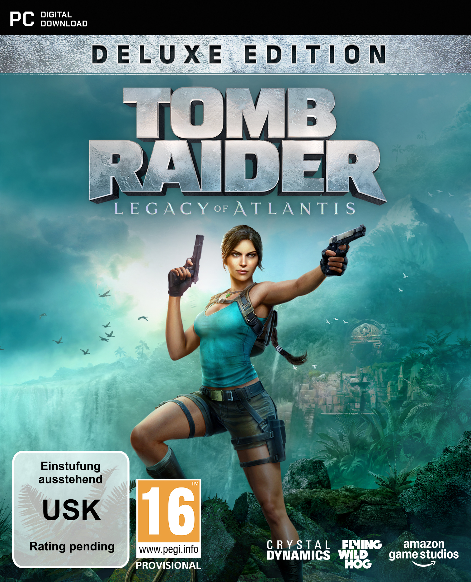Lara Croft mit zwei Pistolen vor einer Dschungelruine mit Wasserfall.