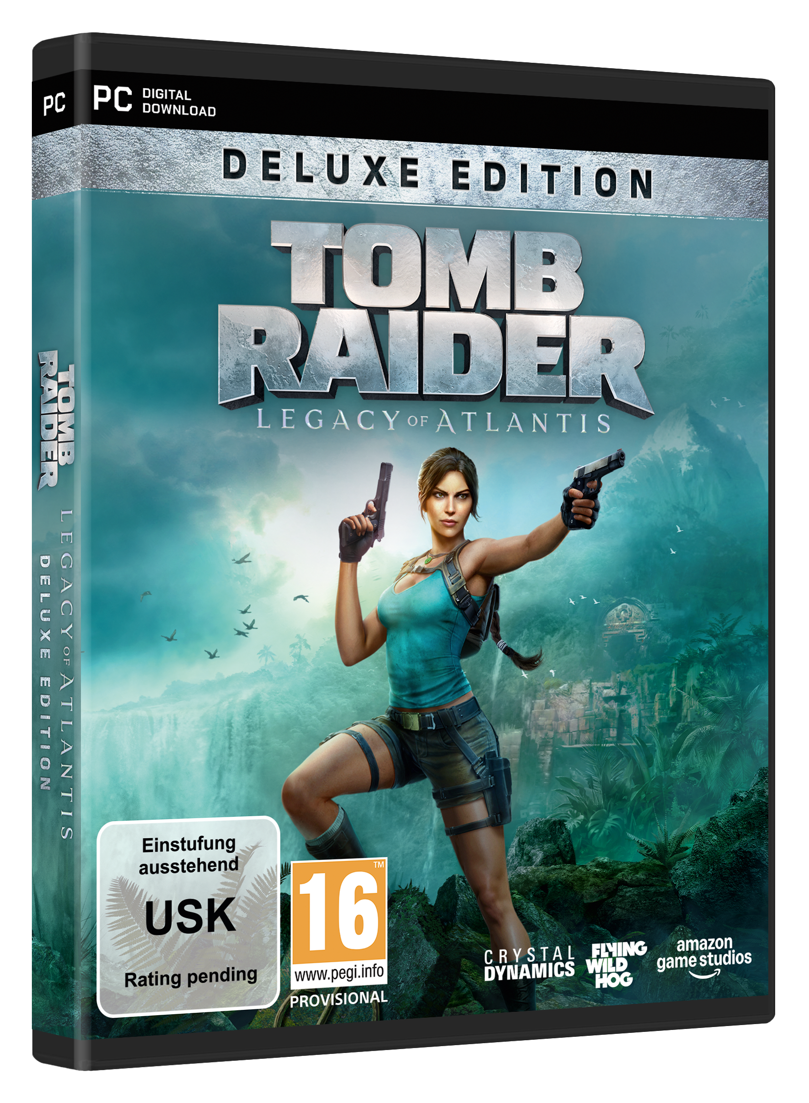 Lara Croft mit zwei Pistolen vor einer Wasserfalllandschaft und antiken Ruinen.