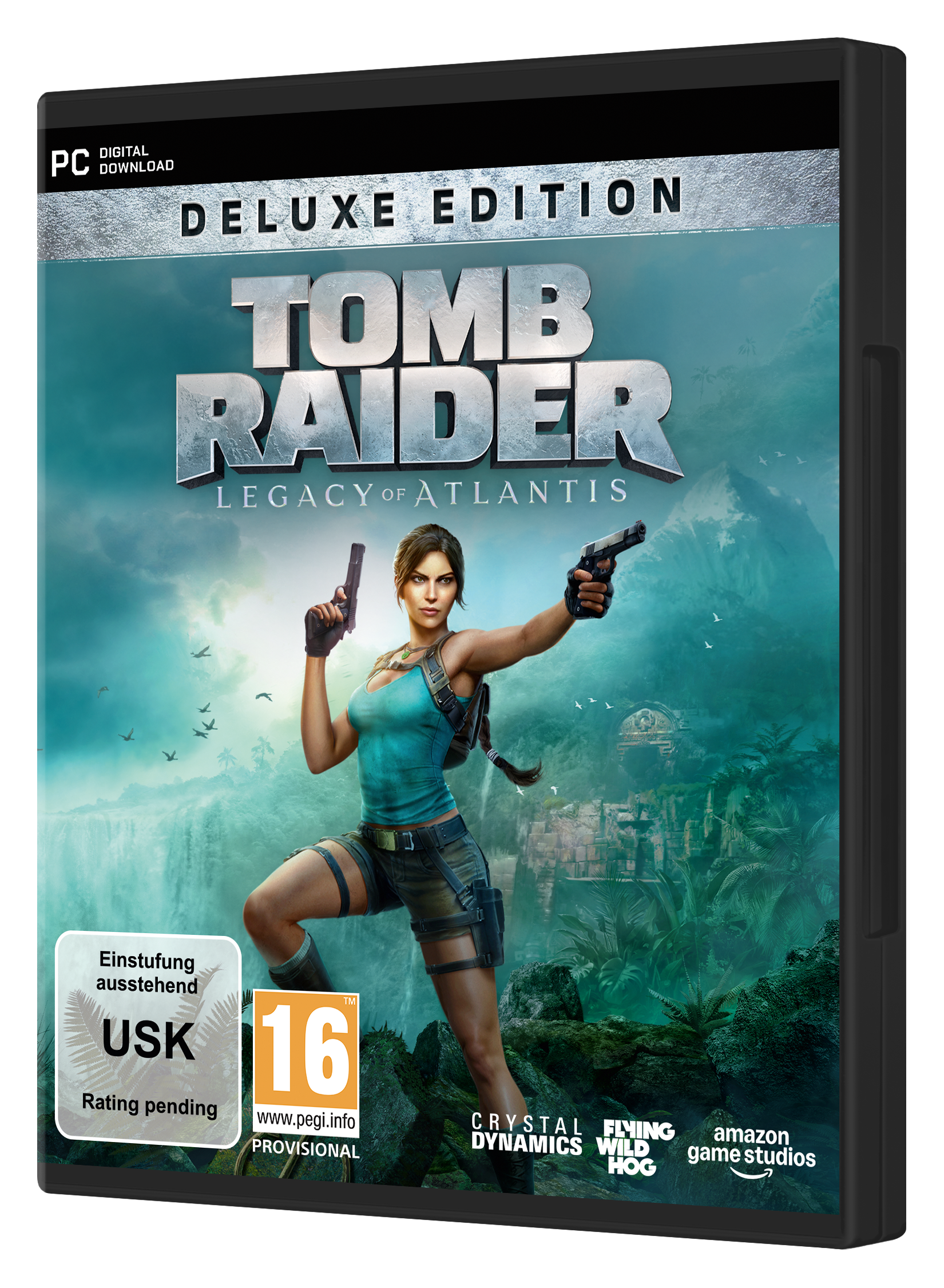 Lara Croft mit zwei Pistolen vor einer Dschungellandschaft mit Wasserfall.