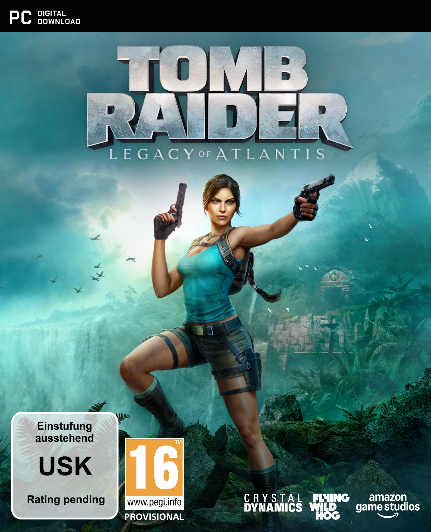 Lara Croft mit zwei Pistolen vor einem Wasserfall und Ruinen.